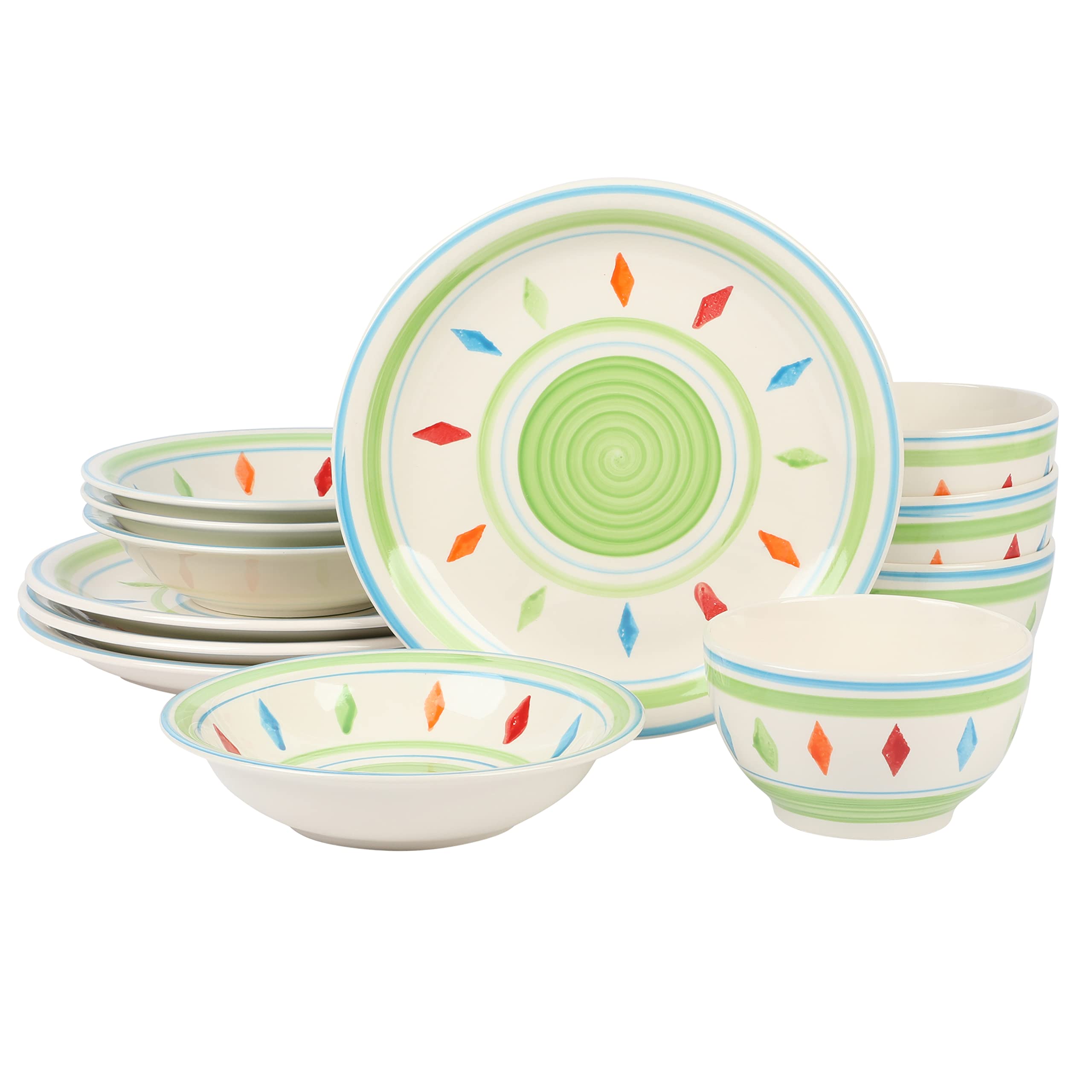 Gibson Home Heidy Hand Painted 12-Piece Dinnerware Set - Elegant Green Ceramic Plates, Bowls & Mugs for 4 People | Perfect for Family Dinners, Holiday Entertaining & Everyday Use