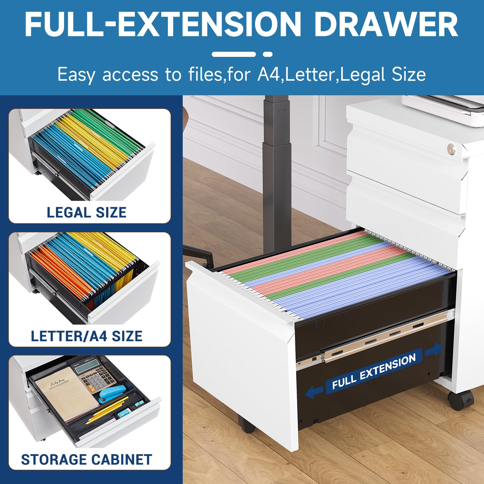 3-Drawer Rolling File Cabinet with Lock - White Metal Vertical Mobile Filing Cabinet for Legal/Letter/A4 Documents - Home Office Storage Solution for Desk Organization & Document Security