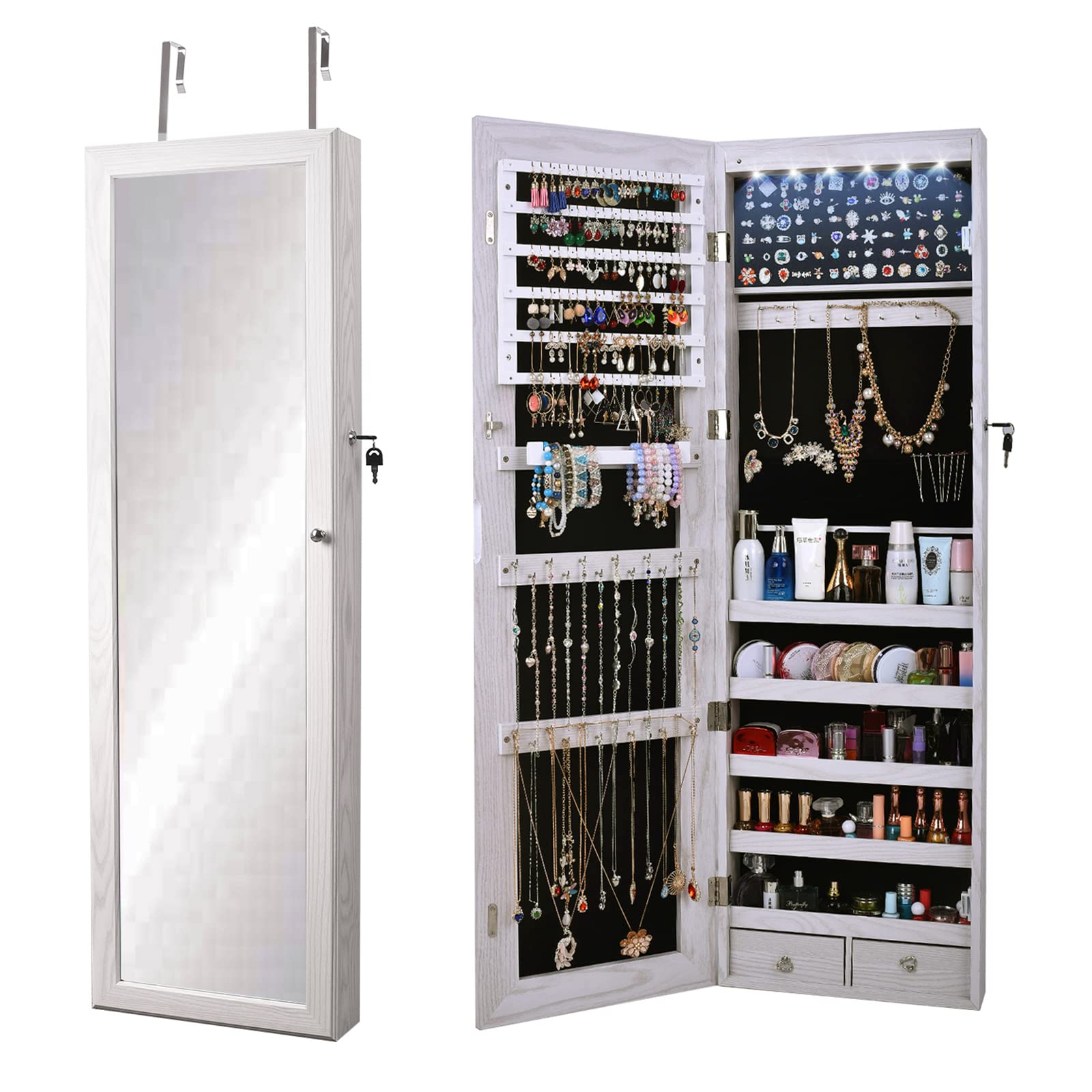 SogesHome Jewelry Mirror Armoire Cabinet - Full-Length Lockable Wall Mounted Jewelry Organizer with LED Light, Large Capacity Dressing Mirror for Bedroom, Living Room, Closet - White (Perfect for Jewelry Storage & Vanity Decor)