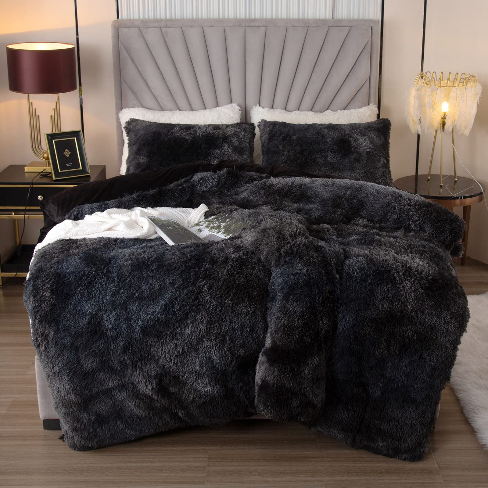 Luxury Fuzzy Duvet Cover Set Twin Size - Ultra Soft Fluffy Comforter Cover for Twin Bed - 2 Piece Shaggy Plush Bedding Set (Dark Grey) - Perfect for Cozy Winter Nights & Guest Room Decor