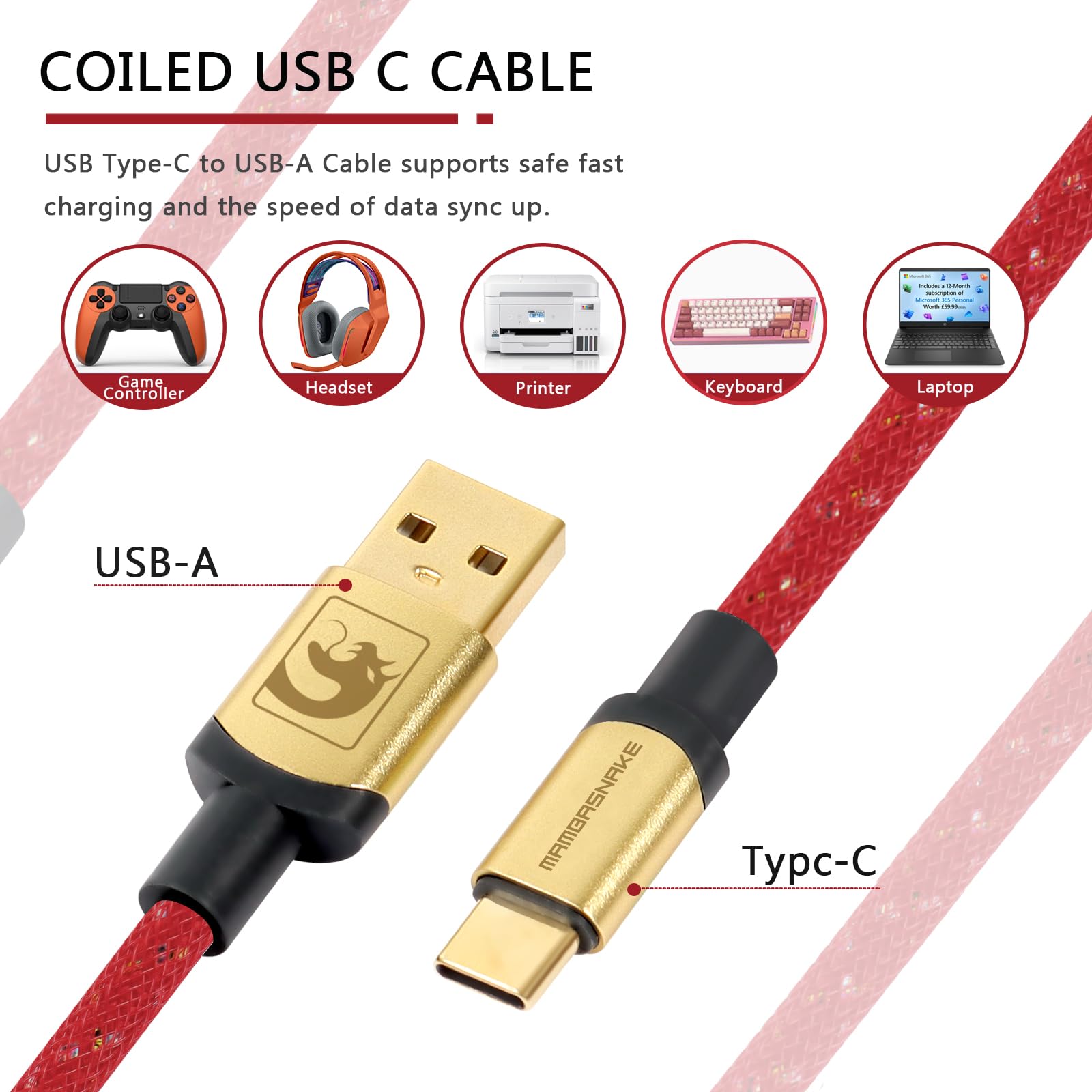 MAMBASNAKE C03 USB-C Gaming Keyboard Cable - Nylon Braided, Detachable Aviator, 8KHz for Pro Gamers - Red