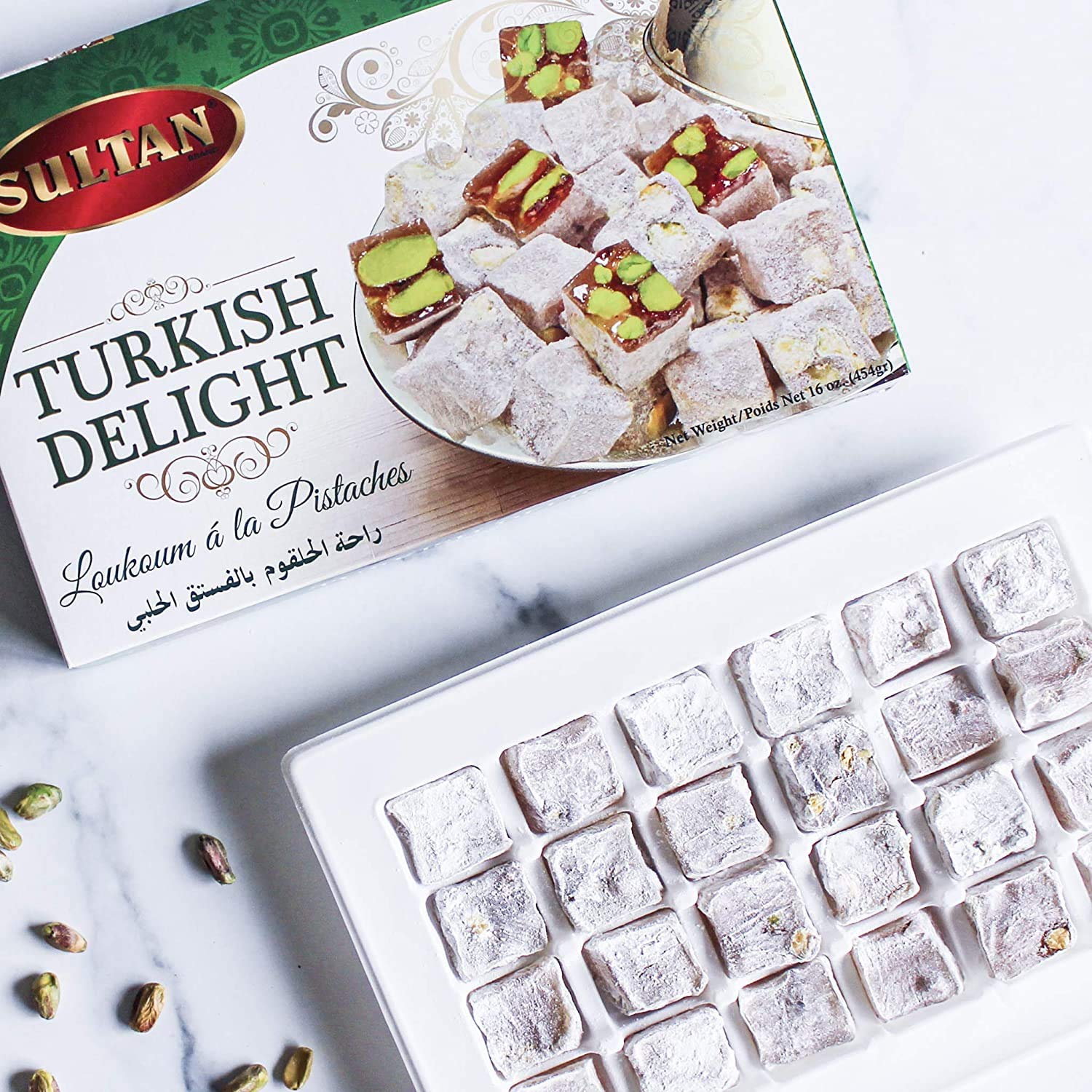 Premium Sultan Turkish Delight Pistachio - All Natural, No Preservatives, No Additives, Low Fat Gourmet Dessert - 16oz Gift Box for Holidays, Parties & Sweet Treat Lovers