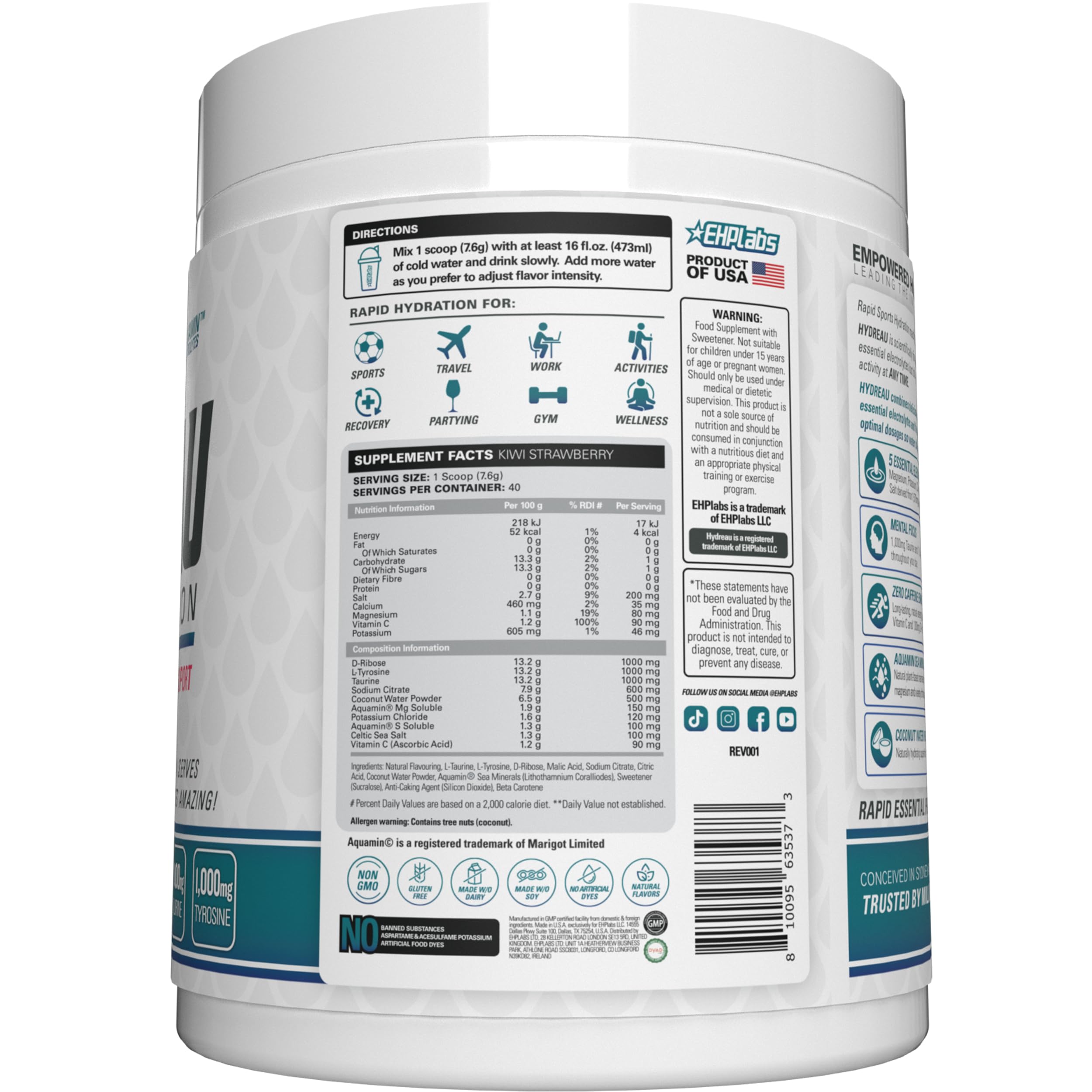 EHP Labs Hydreau Hydration Support Powder - 40 Servings | Electrolyte & Vitamin Supplement for Hydration & Recovery | Perfect for Workouts, Travel & Daily Hydration Needs