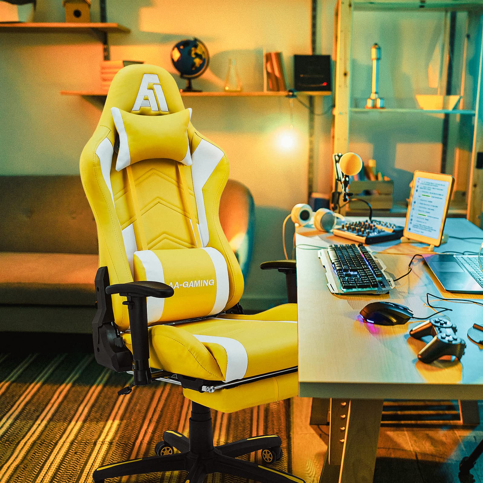 Premium Gaming Chair - High Back Ergonomic Racing Style Computer Chair with Adjustable Lumbar Support, Footrest & 360° Swivel for PC/Console Gamers (Yellow & White) - Perfect for Esports, Streaming & Home Office Workspace