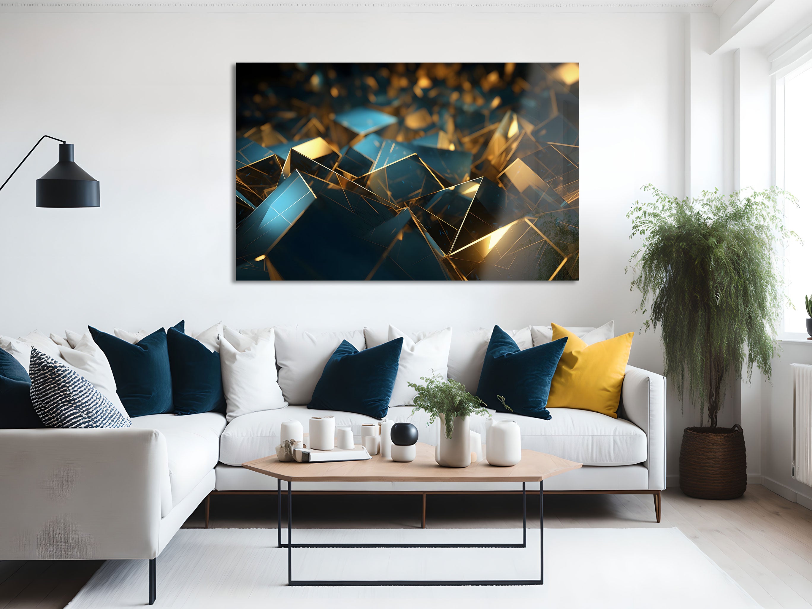 Abstract Golden & Blue Cubes Wall Art - Modern Geometric 3D Decor for Living Room, Bedroom & Office - Perfect for Home & Office Decor