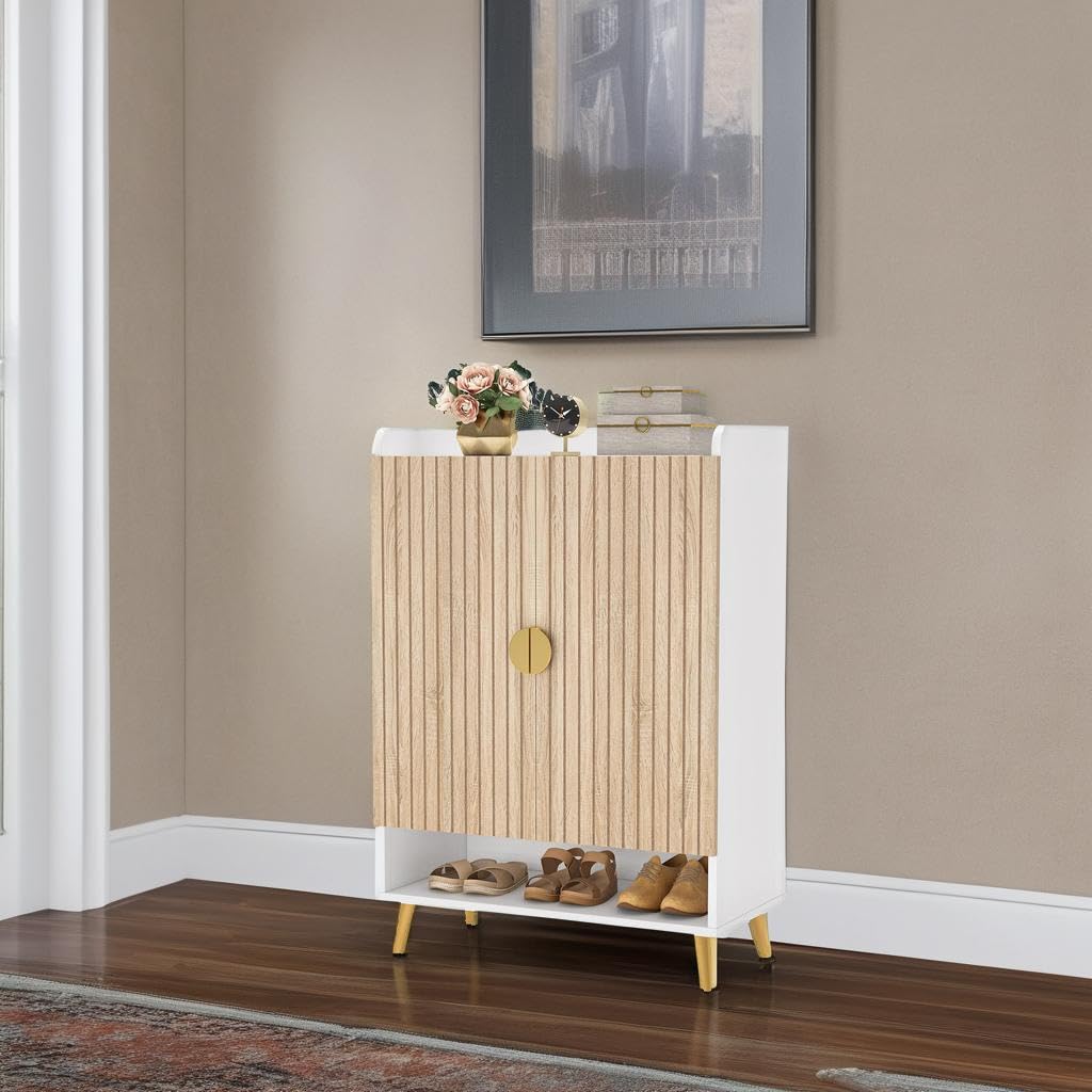 Tribesigns 7-Tier Wooden Shoe Cabinet with Adjustable Shelves & Doors - Modern Shoe Storage Organizer for Entryway, Hallway, Closet, Living Room - Gold Accent Wooden Shoe Rack for Home Organization & Space Saving