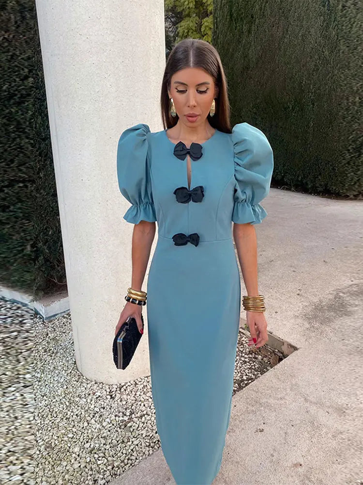 Elegant Women's Short Puff Sleeve Bow Midi Dress - Solid Color Round Neck Slim Fit Party Club Dress for Casual Outings, Cocktail Events & Special Occasions