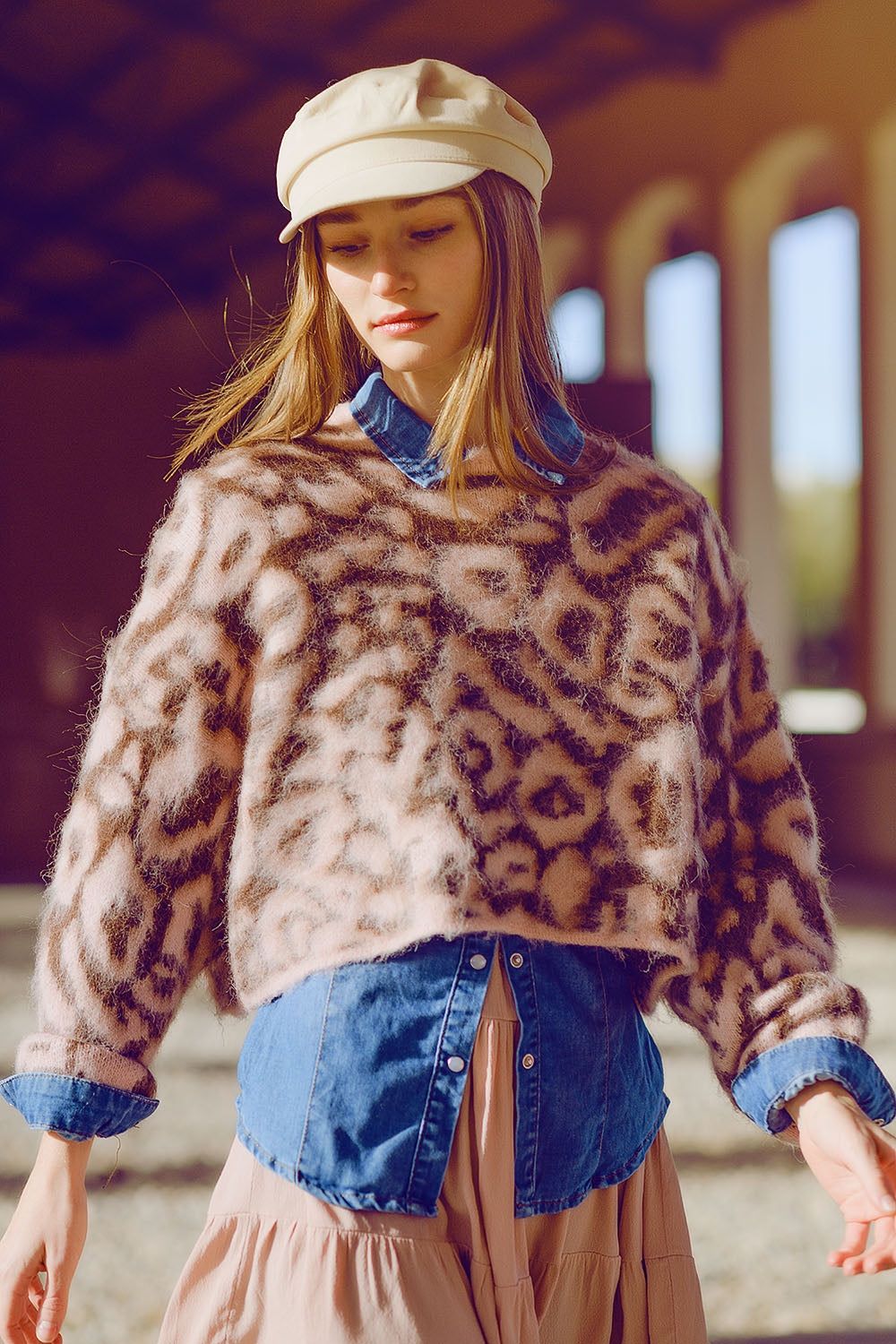Women's Pink Leopard Print Pullover Knit Wool Sweater - Cozy Winter Fashion for Casual Outings & Office Wear