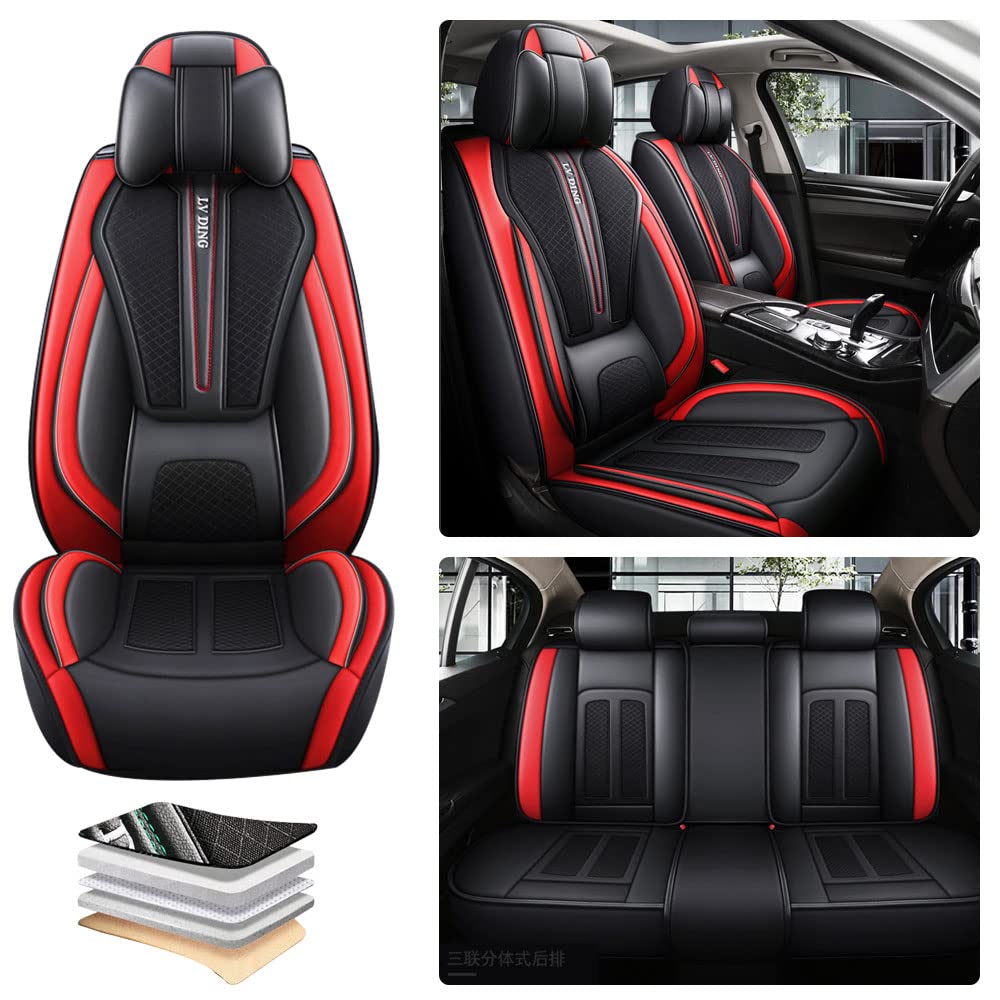 Premium Waterproof Car Seat Covers Full Set for Honda Accord 2001-2020 - Leather & Ice Silk Seat Protectors (Black/Red with Waist Pillow) | Universal Fit Auto Accessories for Comfort & Style | Perfect for Daily Commute, Road Trips & Family Travel