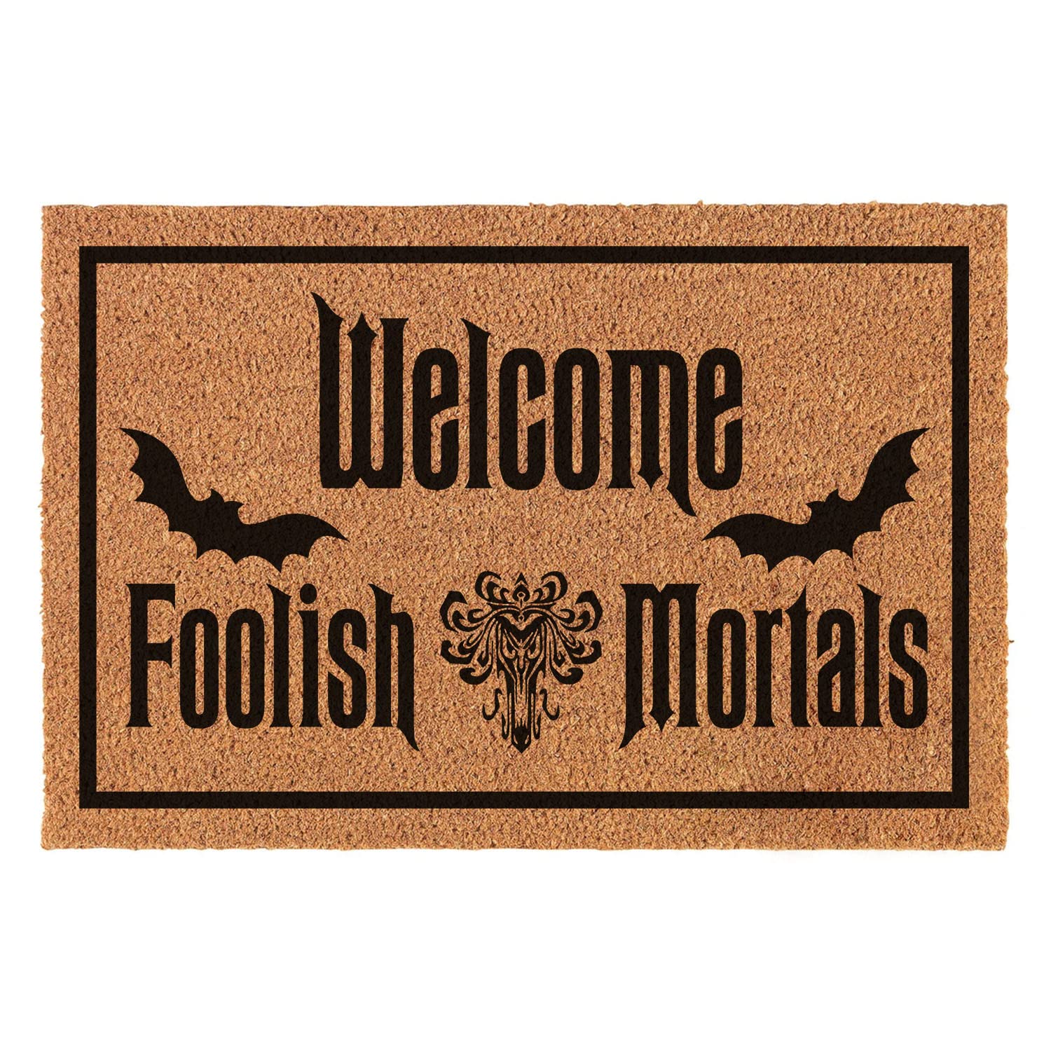 Funny Halloween Doormat - 'Welcome Foolish Mortals' Coir Entryway Rug with Non-Slip PVC Backing, 23.6x15.7 Inch - Durable Coconut Fiber Outdoor Mat for Front Porch, Haunted House Decor & Spooky Home Entrance