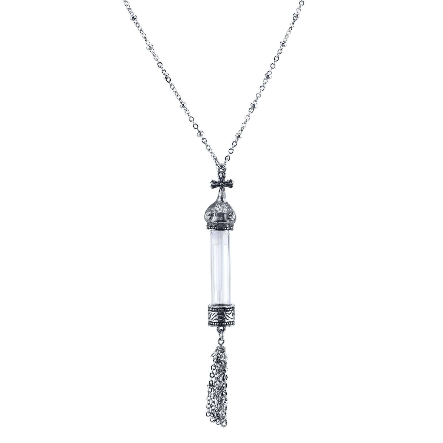 1928 Jewelry Vintage Antique Cross Pendant Necklace with Clear Crystal Glass Vial & Tassel - 30