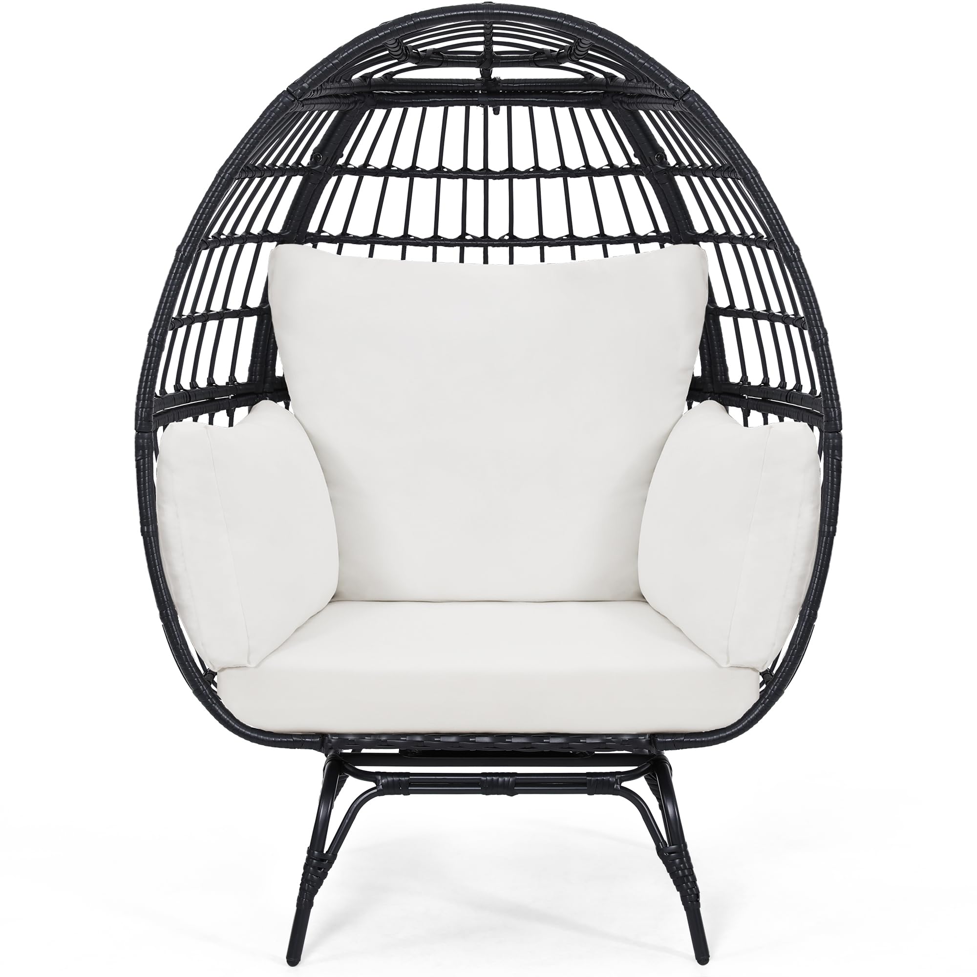 360° Swivel Rattan Egg Chair for Adults - Oversized Indoor/Outdoor Wicker Hanging Chair with Beige Cushions - Perfect for Patio, Garden, Living Room & Balcony Relaxation - Black Rattan Egg-Shaped Lounge Chair with Thick Comfortable Cushions