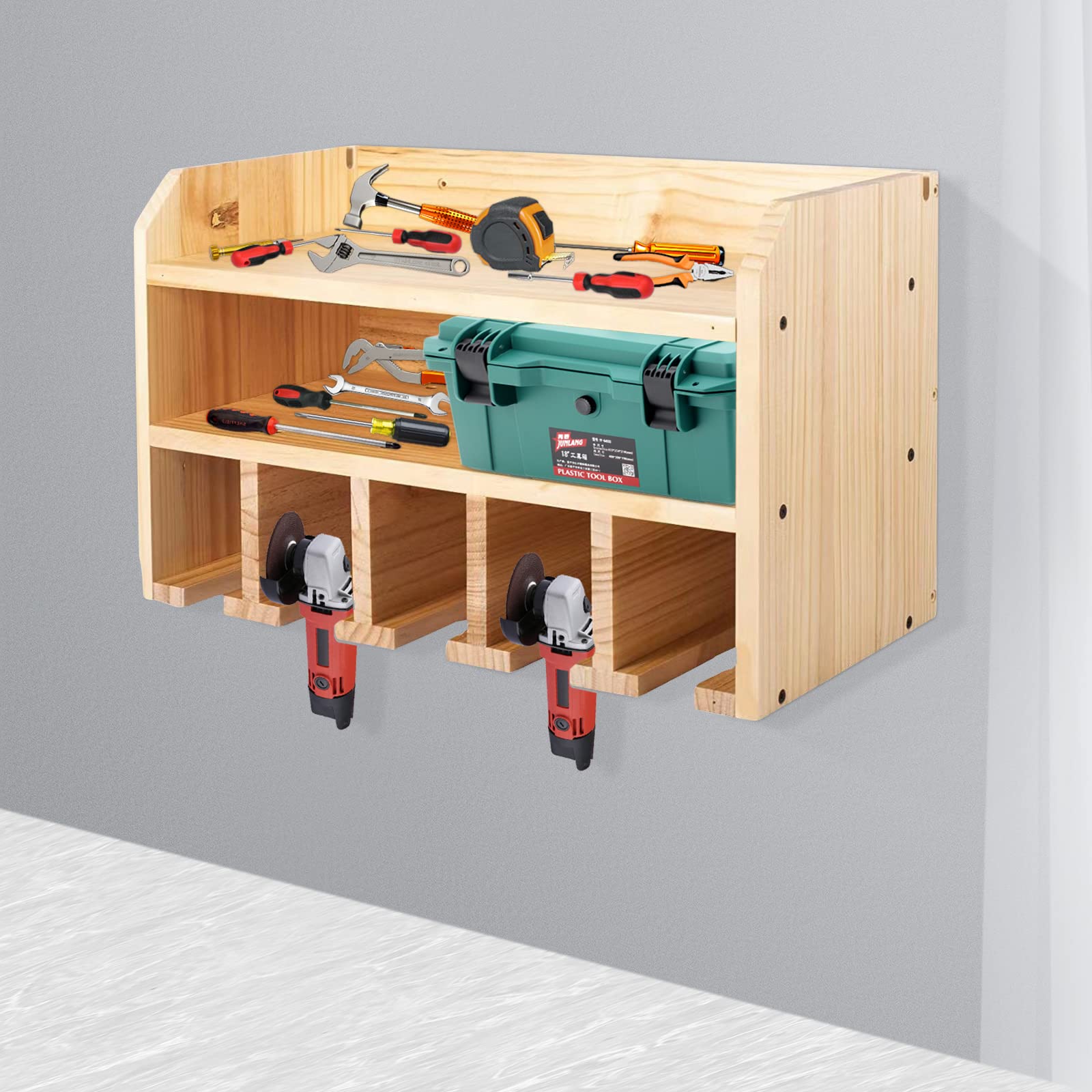 Wooden Power Tool Organizer - Wall Mount Drill Charging Station & Storage Holder for Cordless Tools | Garage, Workshop & Home Organization Solution