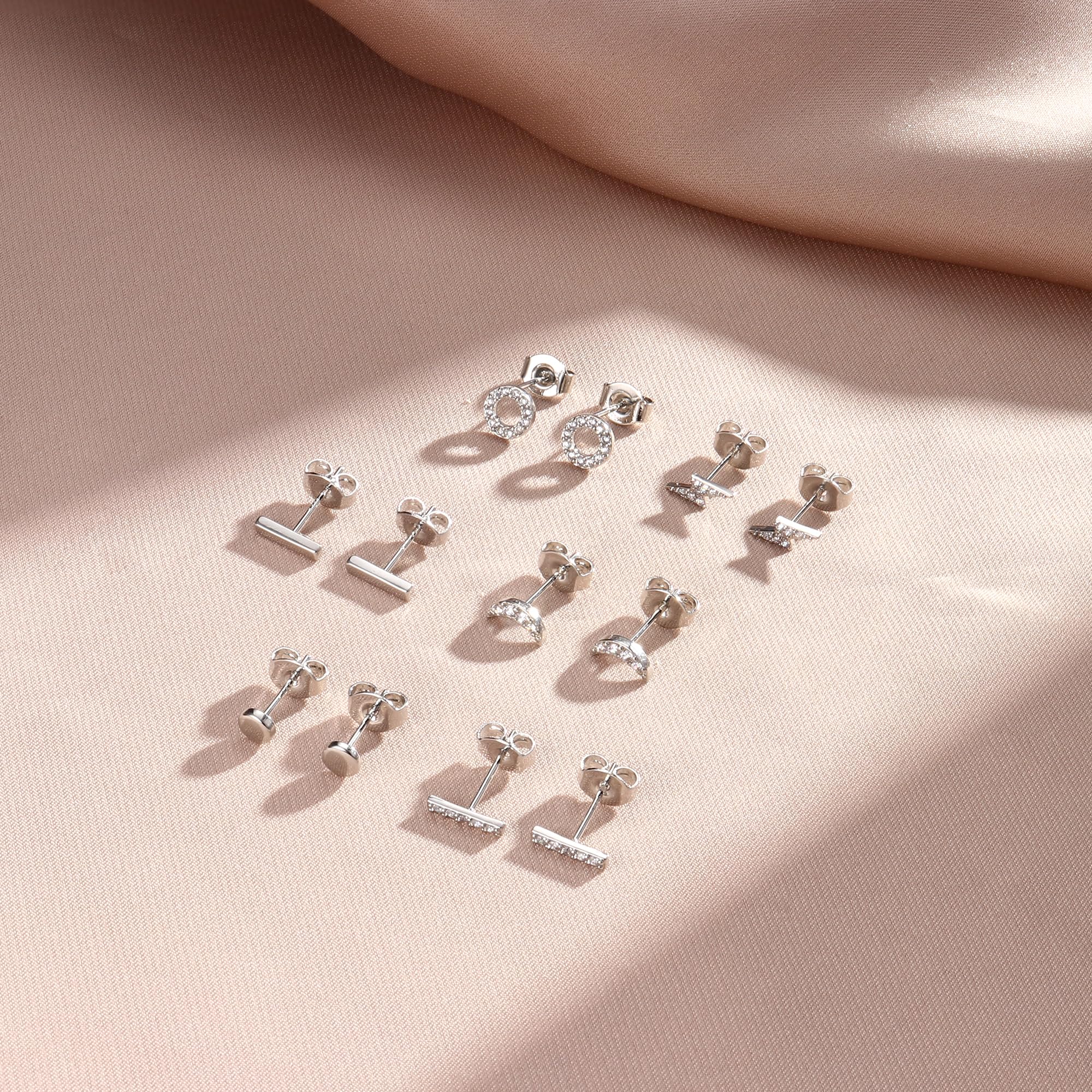 Hayoso 6 Pairs Sterling Silver Stud Earrings Set - Hypoallergenic CZ Circle, Bar & Lightning Bolt Earrings - White Gold Plated Tiny Cartilage Studs for Women - Perfect for Everyday Wear, Gifts & Special Occasions