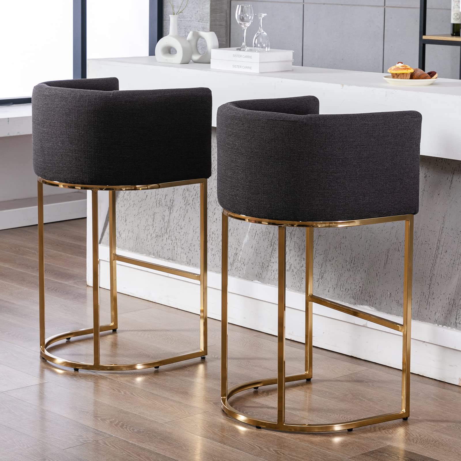 Modern 32 Inch Counter Height Bar Stool with Linen Upholstery & Gold Metal Frame - Back Support Kitchen Island Stool for Dining Room, Bar, or Breakfast Nook - Charcoal Gray