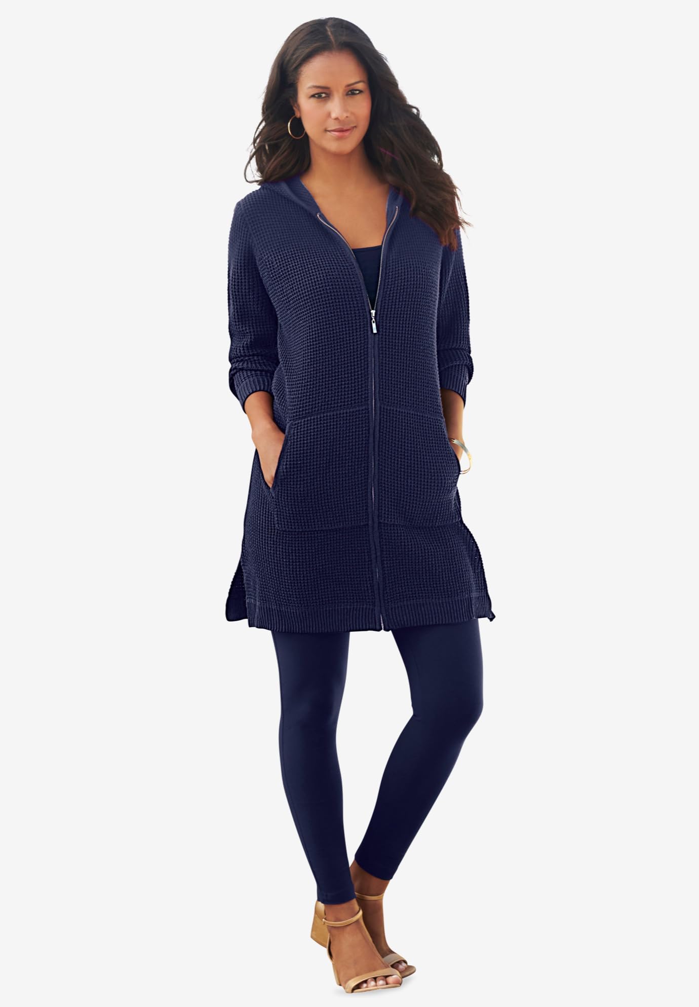 Roaman's Women's Plus Size Extra Long Waffle Zip Hoodie Sweater - Cozy Oversized Pullover for Casual Wear, Lounge & Cold Weather