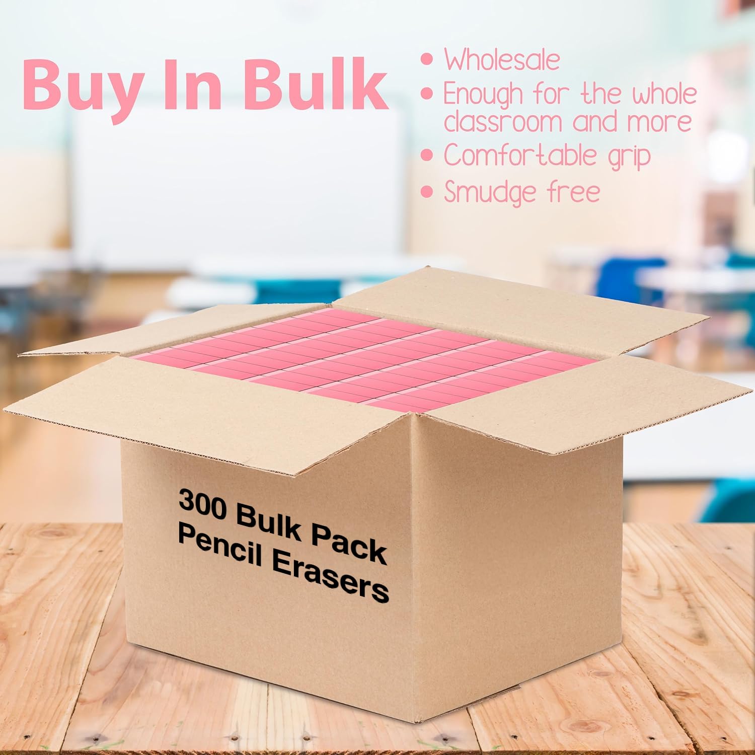 **Bulk Pink Erasers for Kids - Latex-Free, 300-Pack for School & Art**