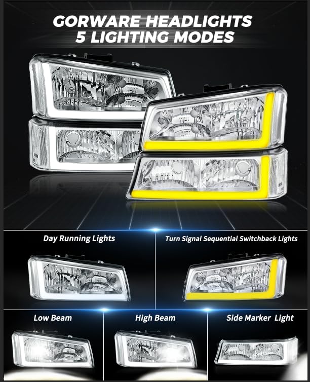 GORWARE LED Headlights for Silverado 2003-2007 | DRL Tube & Chrome Housing | Off-Road & Night Driving