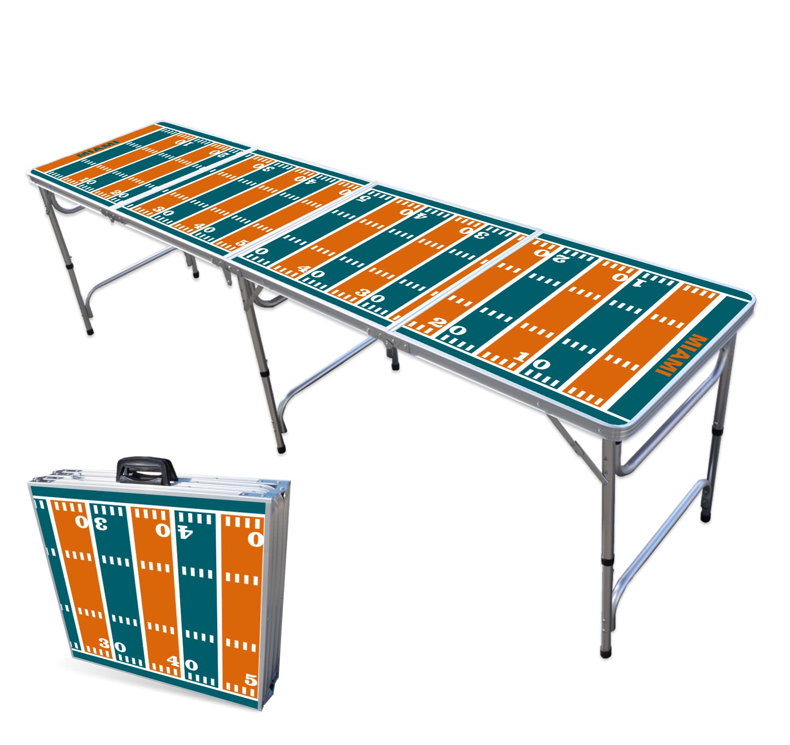 8-Foot Folding Portable Beer Pong Table with Cup Holders & LED Lights - Miami Football Field Design for Indoor/Outdoor Parties, Tailgates & Game Nights (Multiple Models Available)