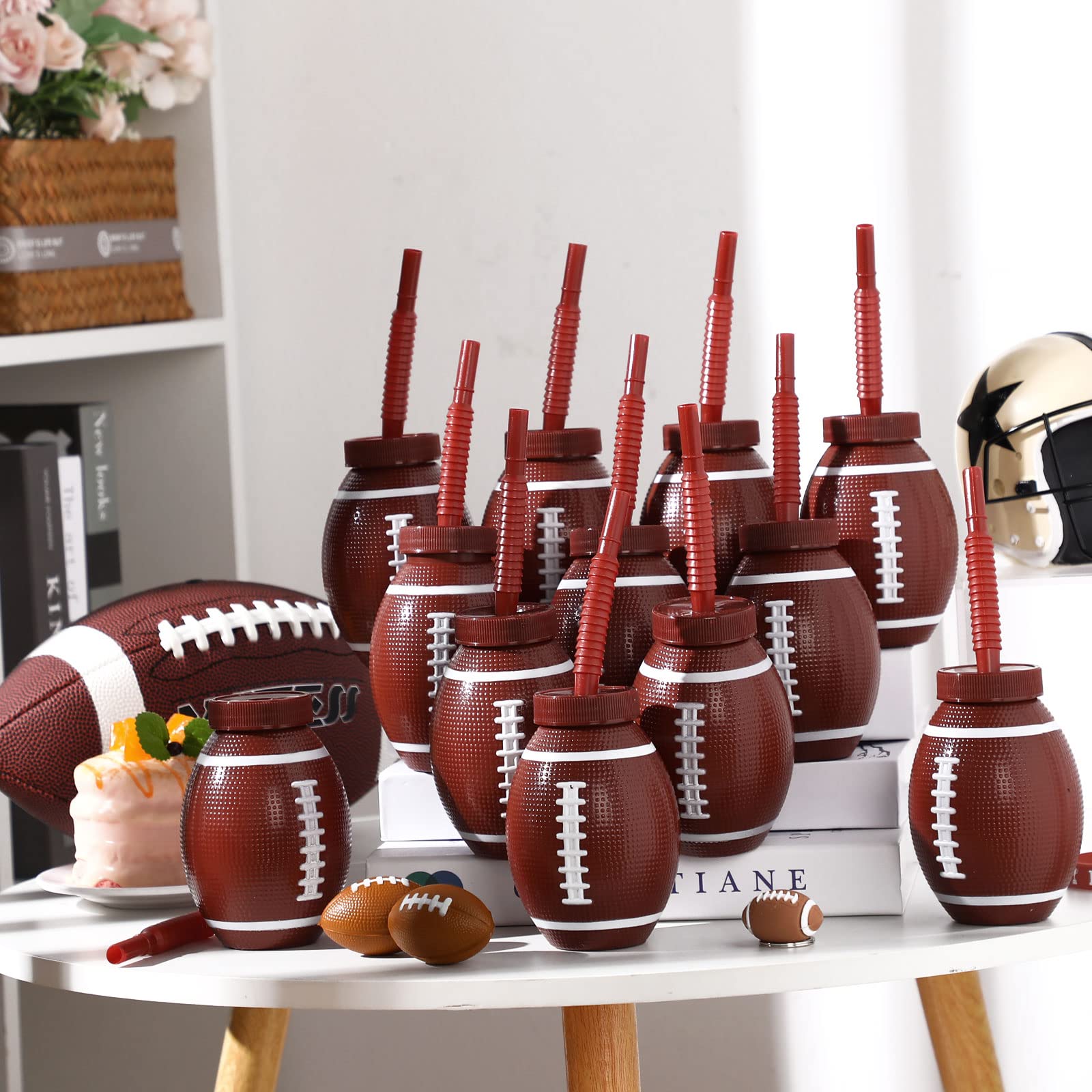 12-Pack 10oz Football-Themed Plastic Cups with Straws & Lids - Reusable Kids Party Cups for Birthday, Super Bowl, Tailgating & Sports Theme Parties - Bulk Football Party Supplies for Toddlers & Children