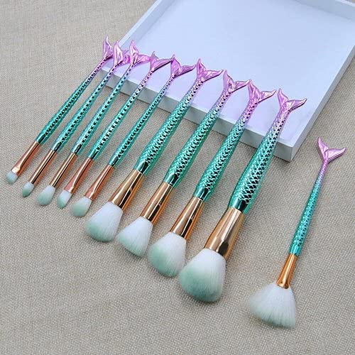 FT Professional 10-Piece 3D Mermaid Makeup Brush Set - Eyeshadow, Eyeliner & Blush Brushes with Free Beauty Blender Sponge | Perfect for Makeup Artists & Beginners | Home, Travel & Professional Use