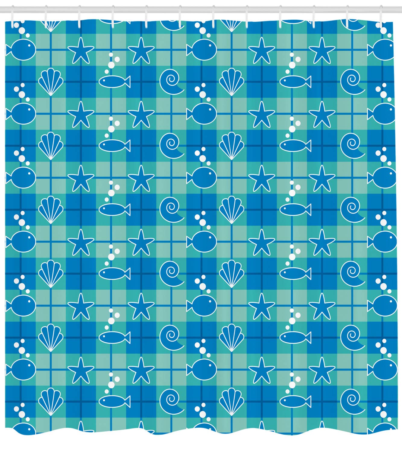 Ambesonne Sea Shells Shower Curtain - Plaid Pattern with Cartoon Marine Life Silhouettes, Fish, Starfish & Bubbles | 69x84 Inch Mint Green Blue White Bathroom Decor Set with Hooks | Perfect for Beach Theme Bathrooms, Coastal Decor & Nautical Style Homes