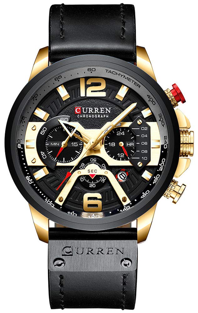 CURREN Luxury Men's Watch - Gold Black Leather Strap, Quartz Chronograph, Waterproof, Sports & Casual Wear for Everyday, Business & Outdoor Activities