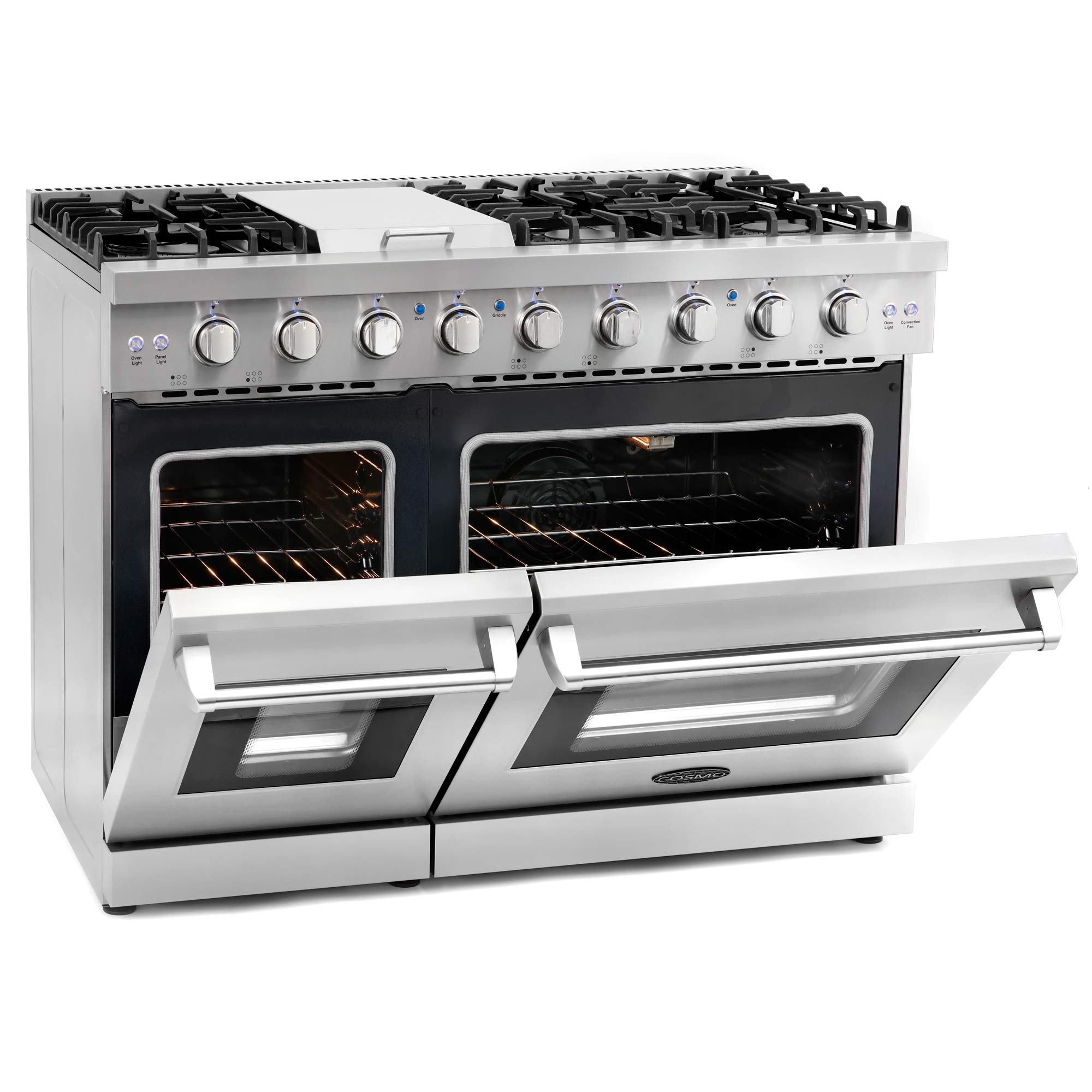 COSMO COS-EPGR486G 48-Inch Stainless Steel Gas Range - 6.8 cu. ft. Double Oven, 6 Burners with Griddle & Convection - Knob LED Lights - Perfect for Large Family Kitchens & Holiday Cooking