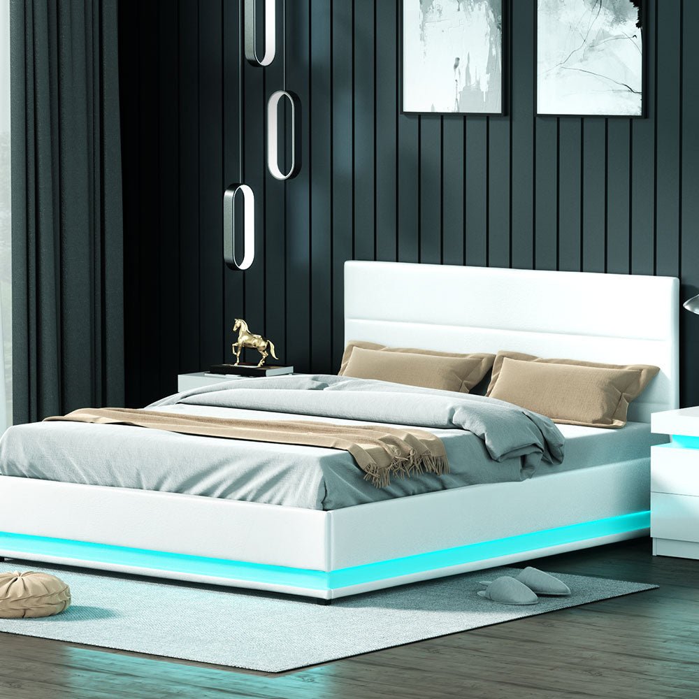 Henley Queen Gas Lift Storage Bed Frame with LED Lights – White | Modern Platform Bed with Underbed Storage & USB Ports | Perfect for Small Bedrooms & Guest Rooms