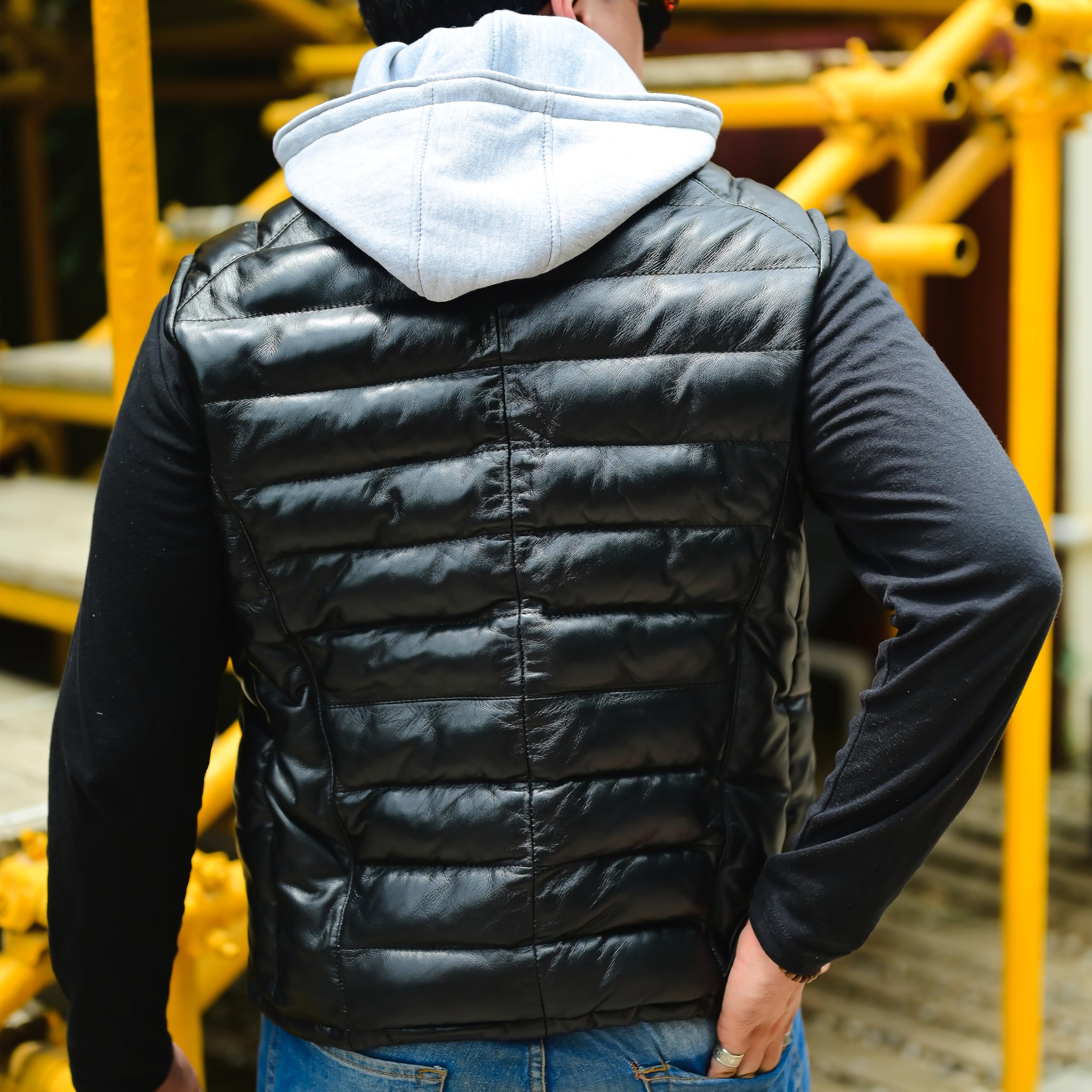 Jild Lambskin Leather Puffer Vest with Removable Hood - Stand Collar Sleeveless Jacket for Men | Winter Fashion, Outdoor Activities & Casual Wear
