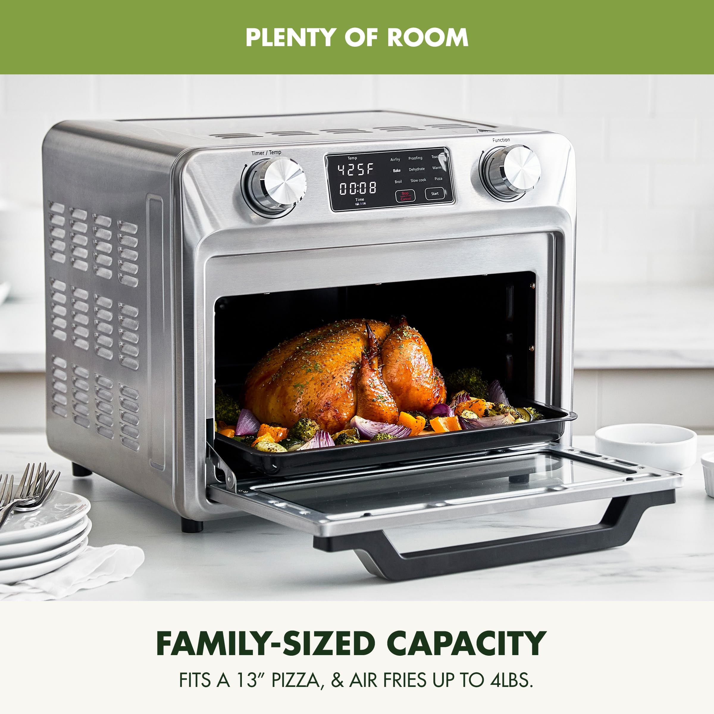 GreenPan Bistro 9-in-1 Stainless Steel Air Fryer Oven with Nonstick Baking Pan, Rack & Basket - Fast Heating, Multiple Presets, Cool-Touch Handle, PFAS-Free, Easy Clean Crumb Tray - Perfect for Baking, Roasting & Air Frying at Home