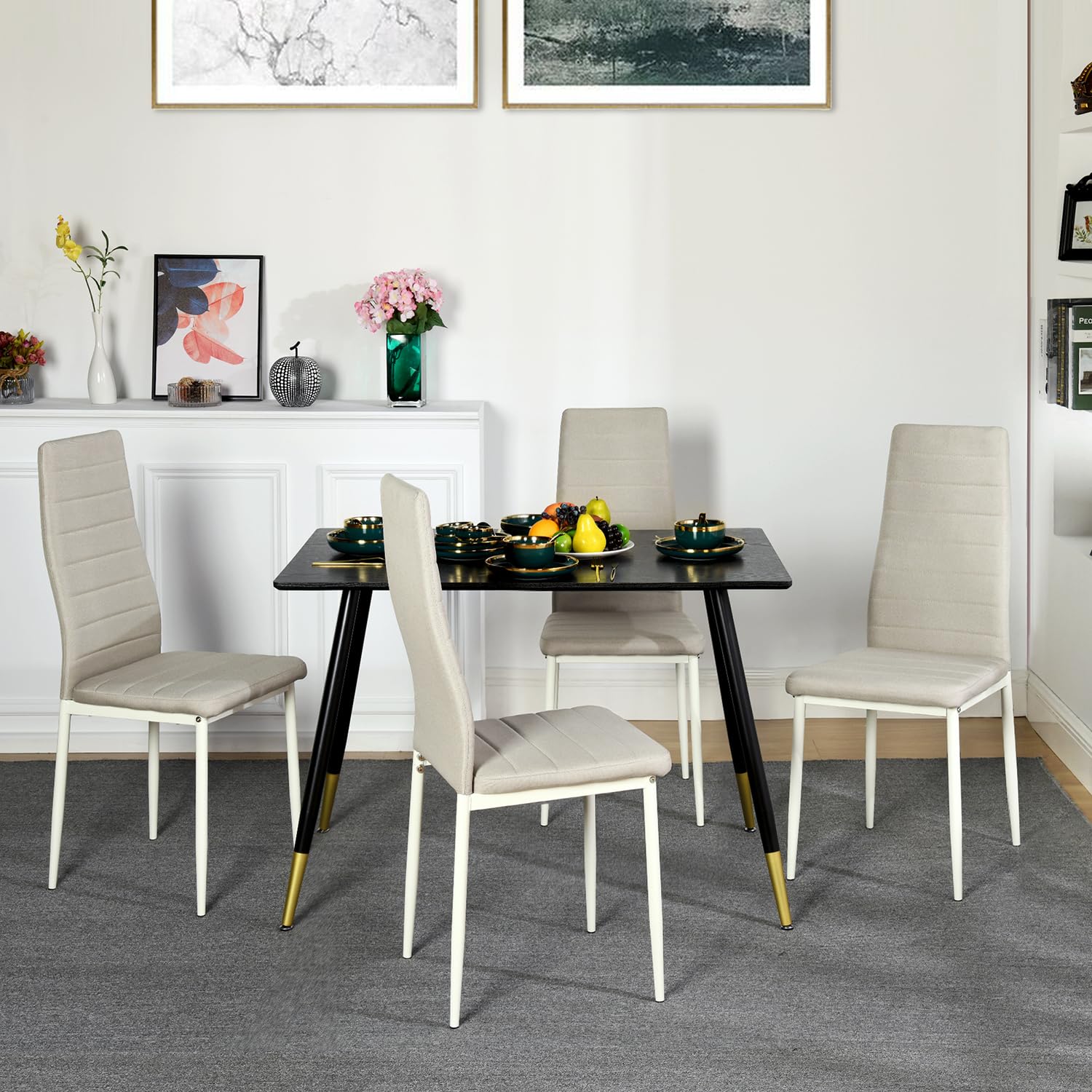 Homy Casa Set of 4 Modern Dining Chairs - Upholstered Armless Kitchen Chairs with Fabric/PVC & Sturdy Metal Legs - Comfortable Padded Side Chairs for Dining Room, Living Room or Office - Beige - Perfect for Small Spaces, Apartments and Modern Home Decor