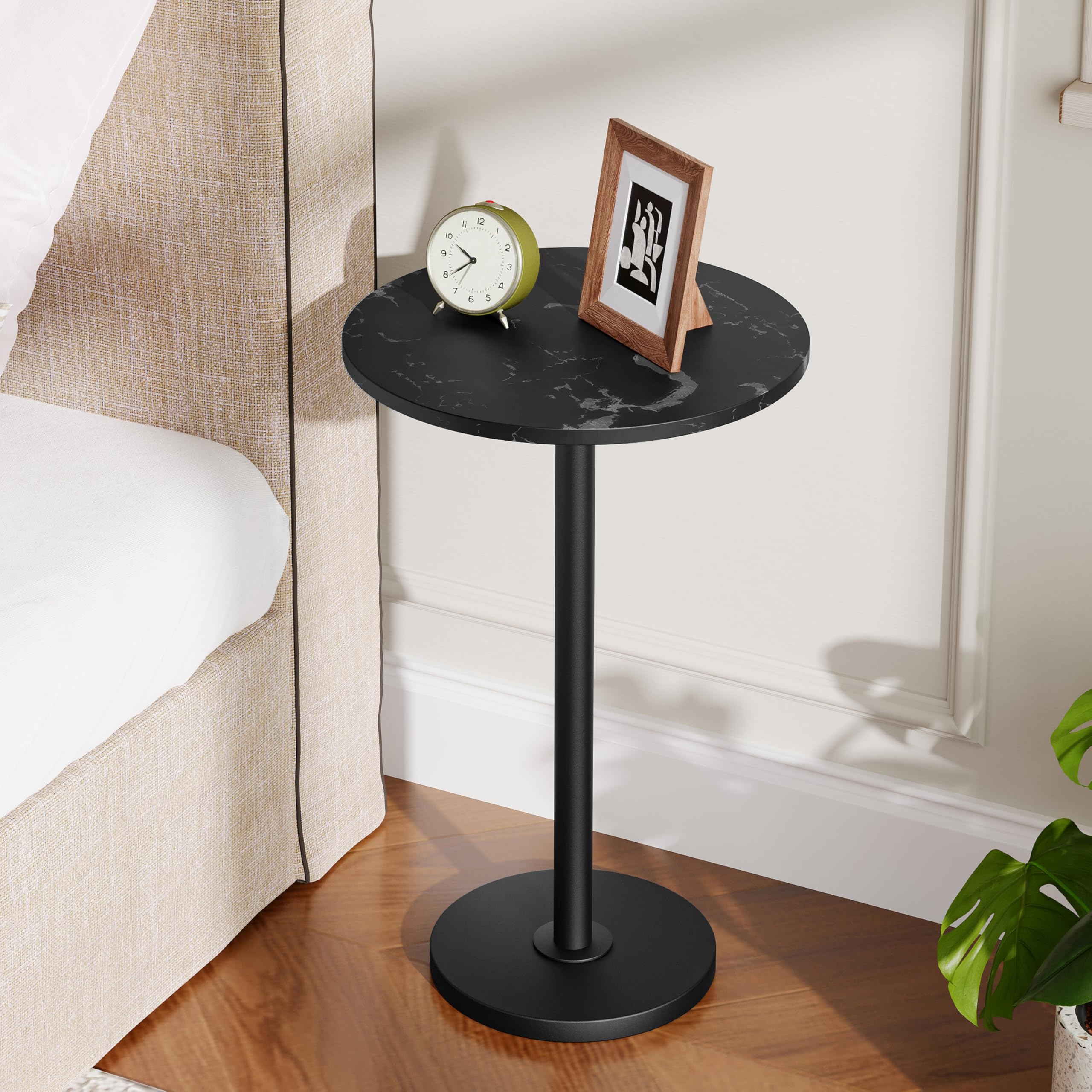 Small Round Side Table - Compact Drink & Coffee End Table for Small Spaces, Martini Pedestal Table - Perfect for Living Room, Bedroom & Sofa Couch - Elegant Marble Black & Black Finish ET30BM | Ideal for Apartments, Dorms & Cozy Spaces