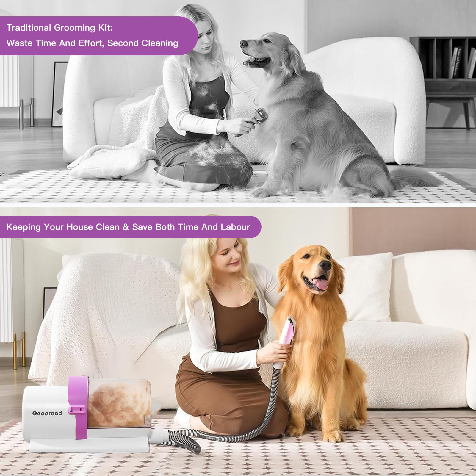 2.5L Large Capacity Pet Hair Vacuum & Grooming Kit with Clipper - Perfect for Shedding Dogs & Cats | Home Cleaning Tools for Pet Hair Removal | Ideal for Carpets, Furniture & Car Interiors (Purple/Pink)
