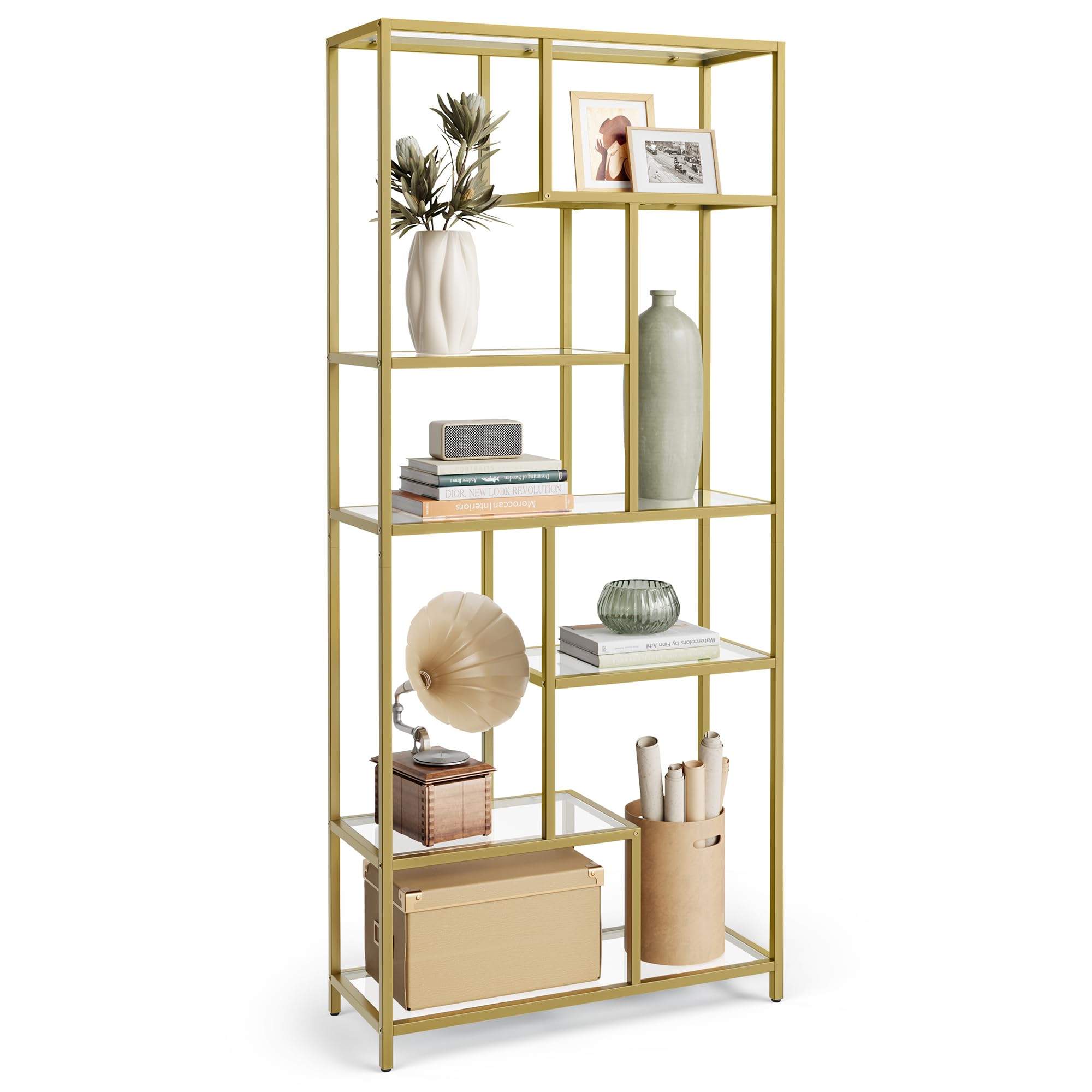 VASAGLE 6-Tier Tall Bookshelf with Tempered Glass - Modern Bookcase & Display Shelf for Home Office, Living Room, Bedroom - 11.8