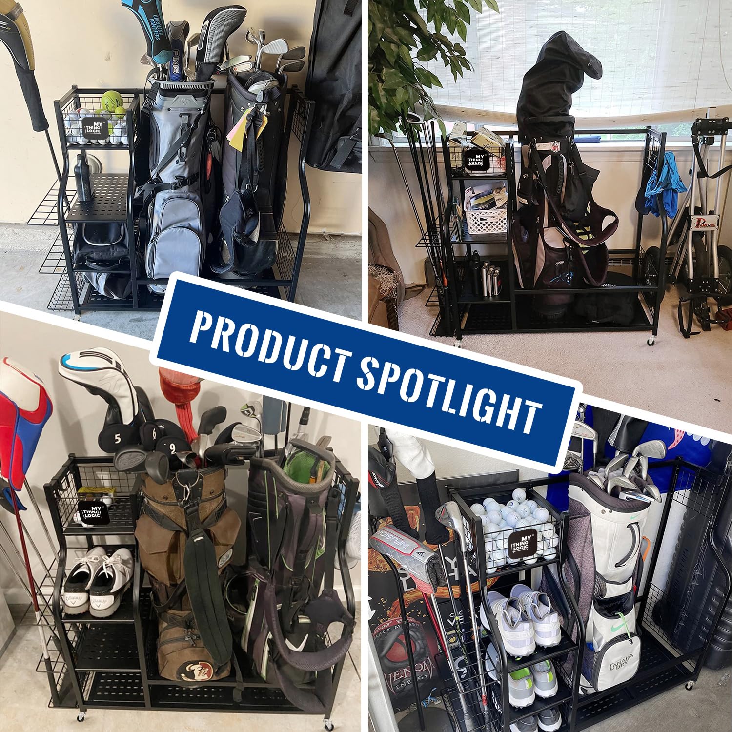Mythinglogic Golf Bag Storage Stand - Golf Club Organizer Rack for Garage, Golf Equipment Holder with Extra Storage Space | Perfect for Golf Club Organization & Home Garage Storage