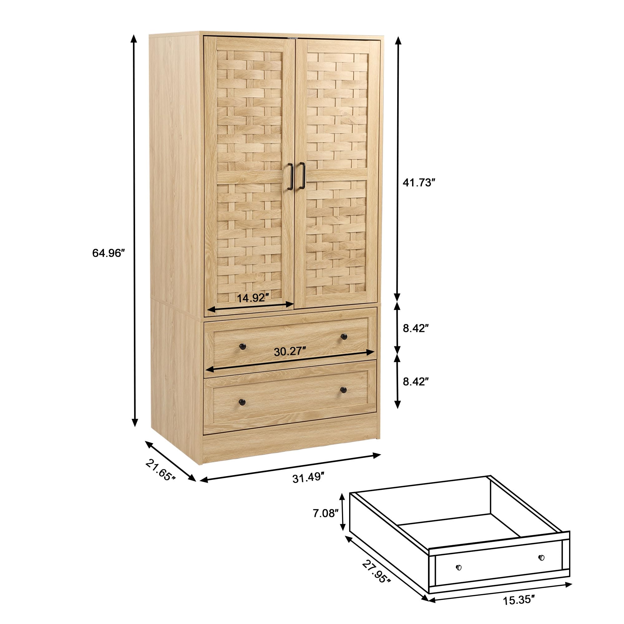 LEVNARY Wooden Armoire Wardrobe Closet - Freestanding Storage Cabinet with 2 Woven Doors, 2 Drawers & Hanging Rail for Bedroom Organization (Natural Finish) | Perfect for Small Spaces, Guest Rooms & Closet Storage Solutions