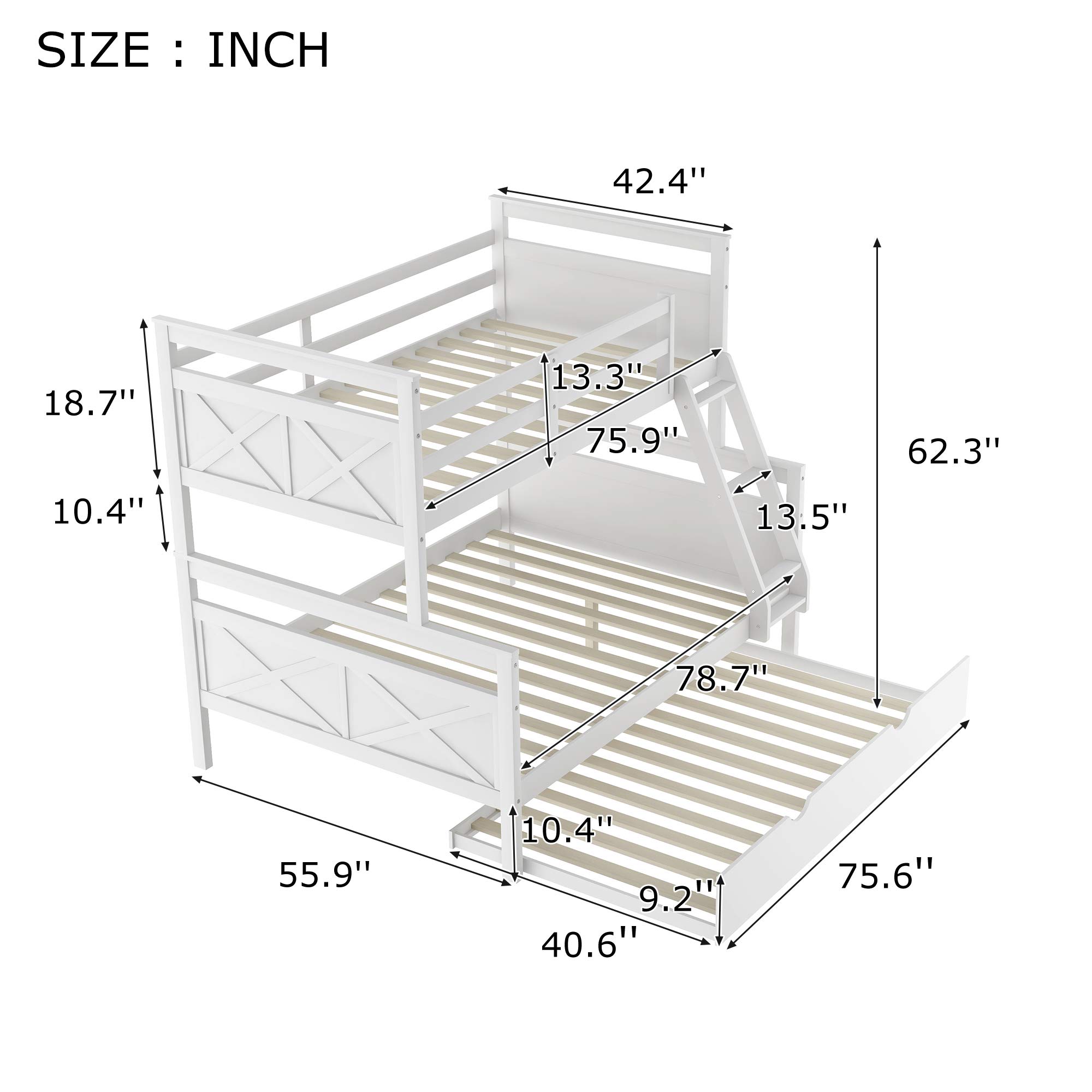 SOFTSEA Twin Over Full Bunk Bed with Trundle - Solid Wood Convertible Bunk Bed Frame with Ladder & Safety Guardrails for Kids - Transforms to 2 Separate Beds or Loft Bed - Perfect for Small Bedrooms, Guest Rooms & Kids' Shared Spaces (White)