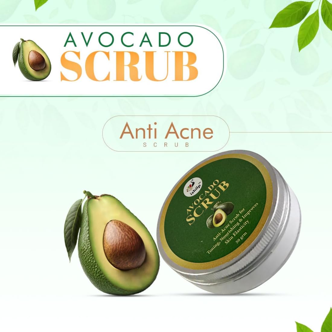 iShilp Avocado Anti-Acne Face Scrub - Deep Cleansing, Skin Toning & Elasticity Booster | Exfoliating Scrub for Men & Women | Perfect for Daily Skincare & Acne Treatment