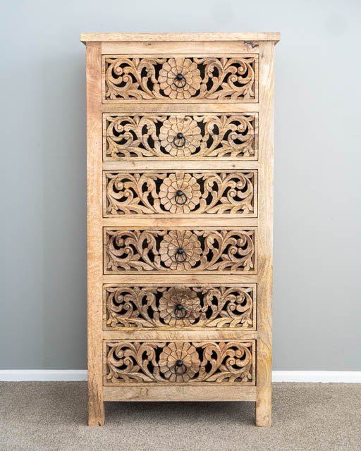 Hand Carved Indian Flower Dresser - Solid Wood Tallboy Chest with 6 Drawers | Vintage Boho Bedroom Furniture for Storage & Organization