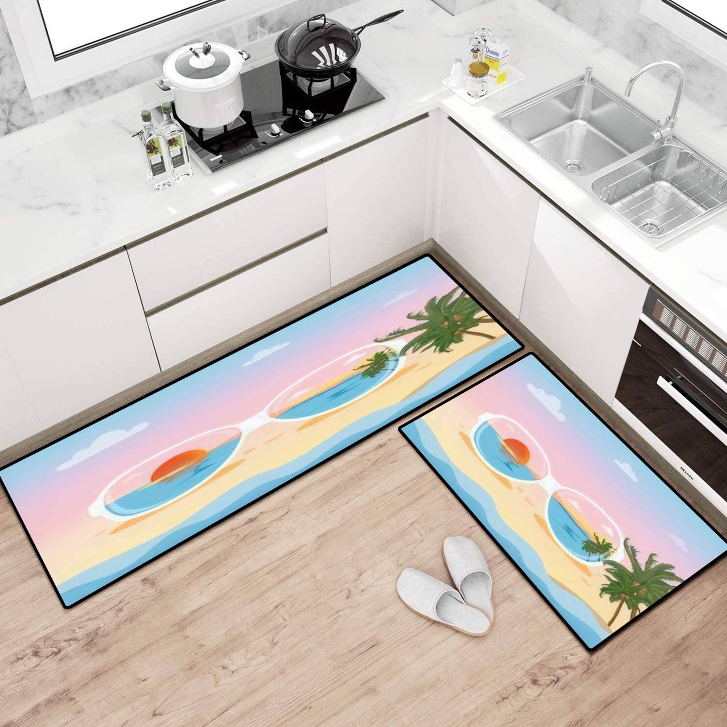 Non-Slip Washable Kitchen Rugs Set - Tropical Seascape Blue Ocean & Coconut Tree Design - Anti-Fatigue Floor Mats for Kitchen, Bathroom, Entryway - Perfect for Home Decor, Comfort Standing & Slip Protection While Cooking or Bathing
