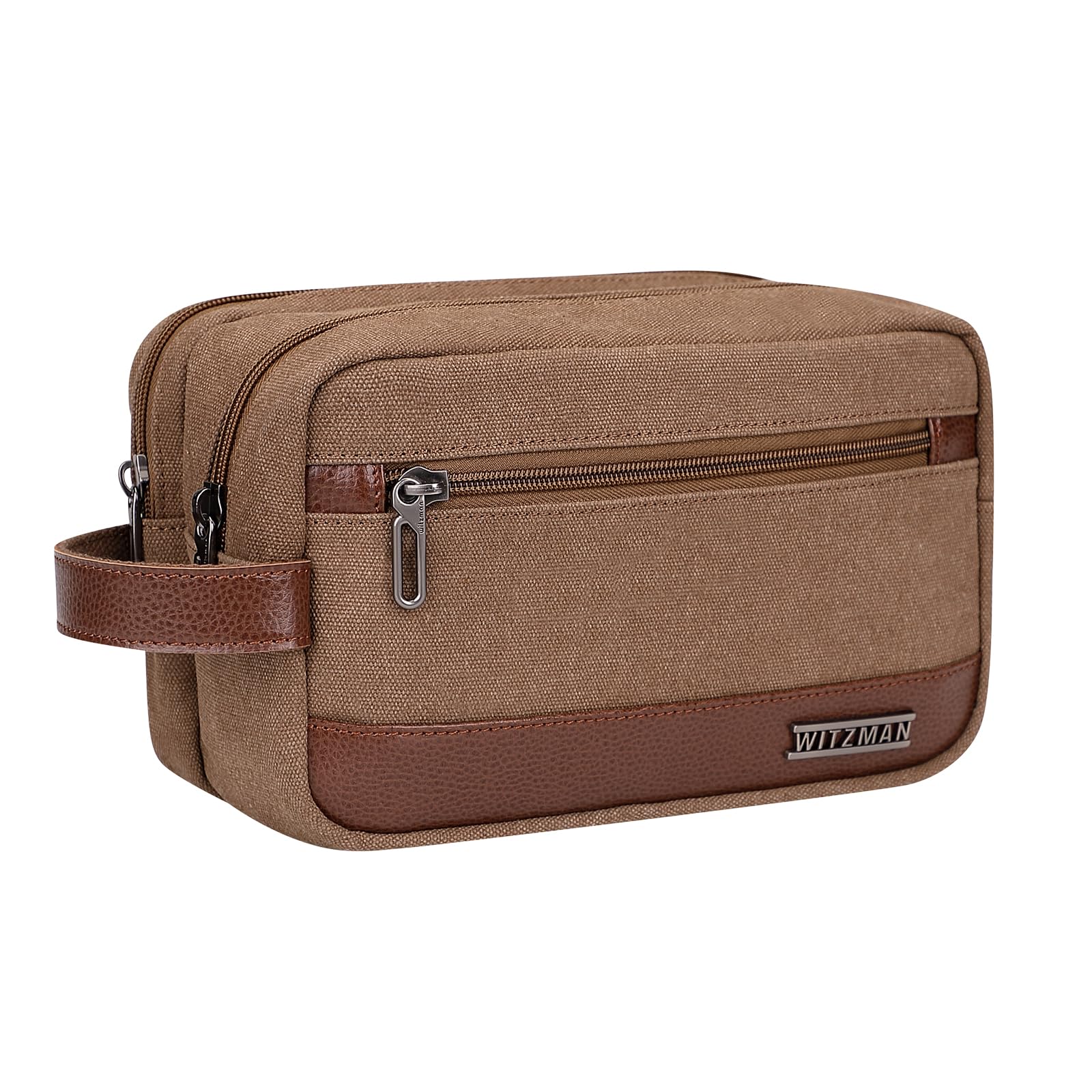 WITZMAN Water-Resistant Hanging Toiletry Bag for Men - Travel Dopp Kit Organizer with Wet Pocket, Durable Canvas Bathroom Bag (A8001 Brown) - Perfect for Camping, Gym & Business Trips