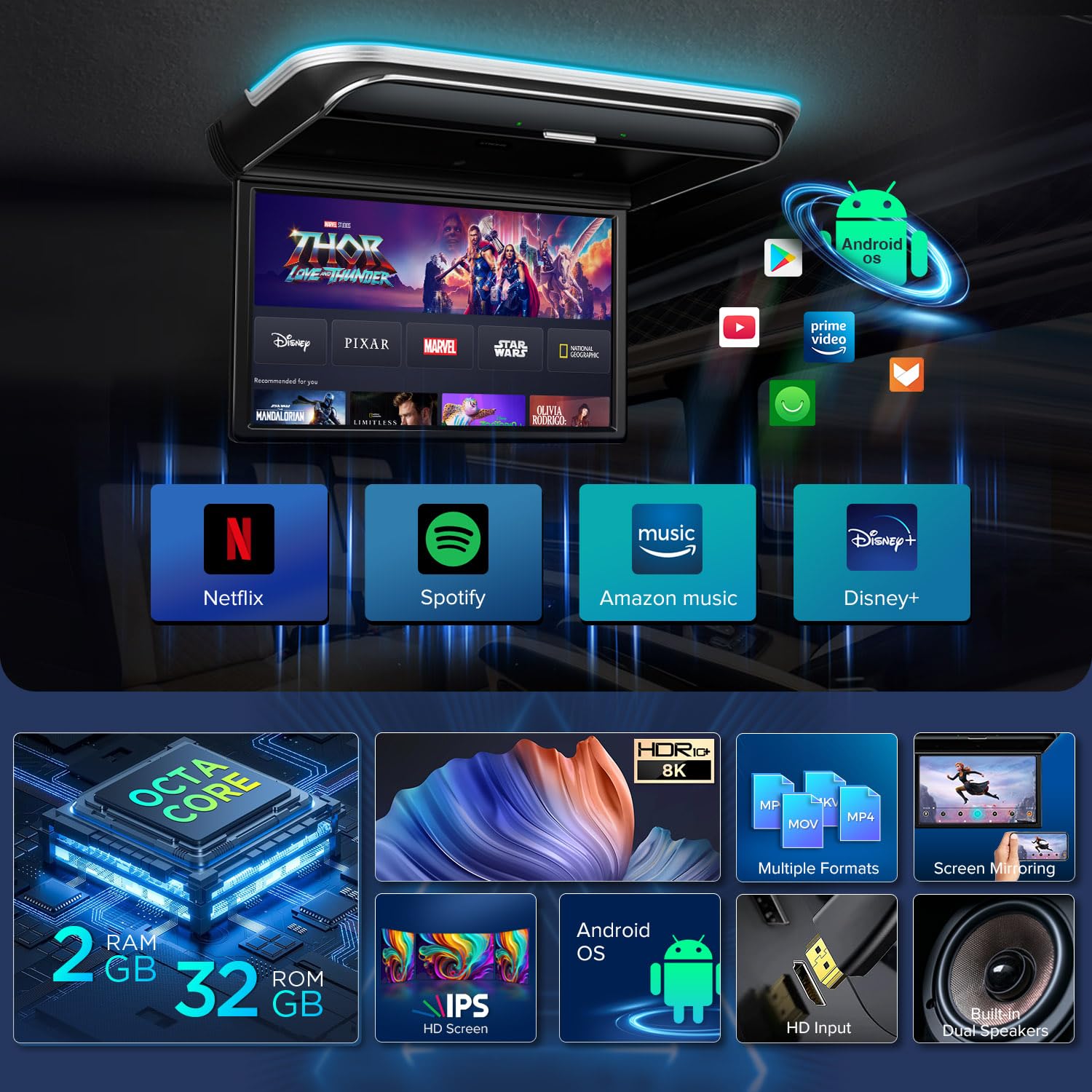 XTRONS 17.3-inch FHD Android 9.0 Car Overhead Flip Down Monitor - 8K 1080P IPS Screen, Octa-Core Processor, HDMI/USB/AV/IR Inputs - Perfect for Road Trips, Family Entertainment, and Business Presentations