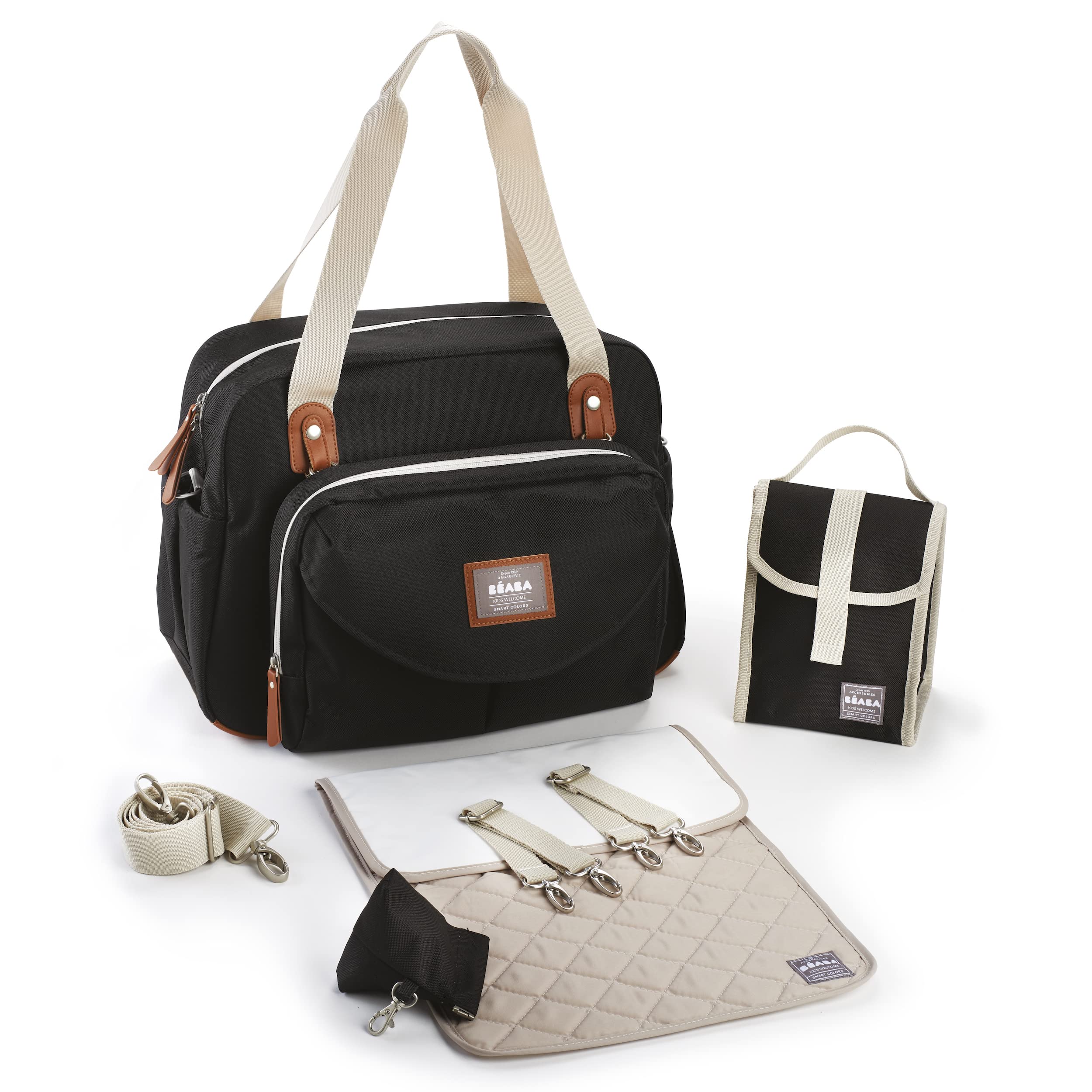 BEABA Geneva Multifunctional Baby Diaper Bag with Removable Stroller Strap, Changing Pad & Insulated Pouch - Perfect for Travel, Daycare & On-the-Go Parents (Black)