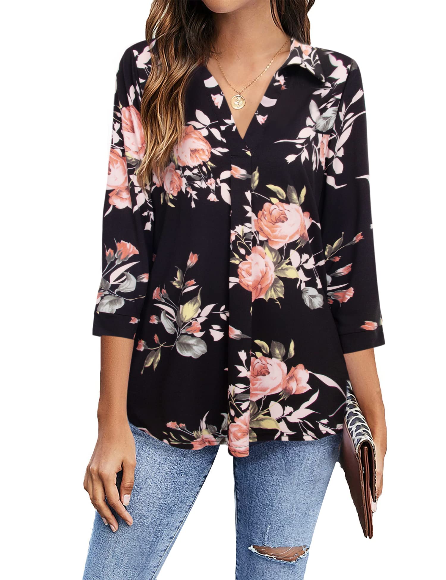 Timeson Women's V Neck Blouse 3/4 Sleeve Tunic Tops - Elegant Ladies Work Shirts for Office, Business Casual & Professional Wear