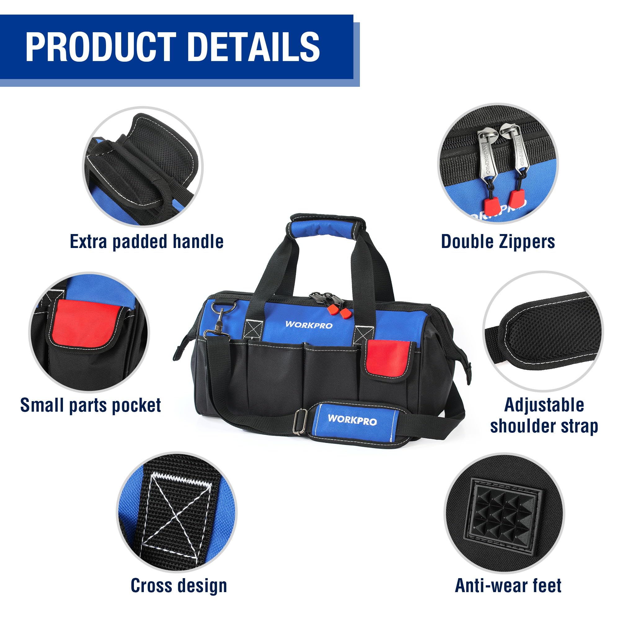 WORKPRO 18-inch Heavy Duty Tool Bag with Adjustable Shoulder Strap, Wide Mouth Storage & Reinforced Bottom - Perfect for Electricians, Plumbers & DIY Home Repairs