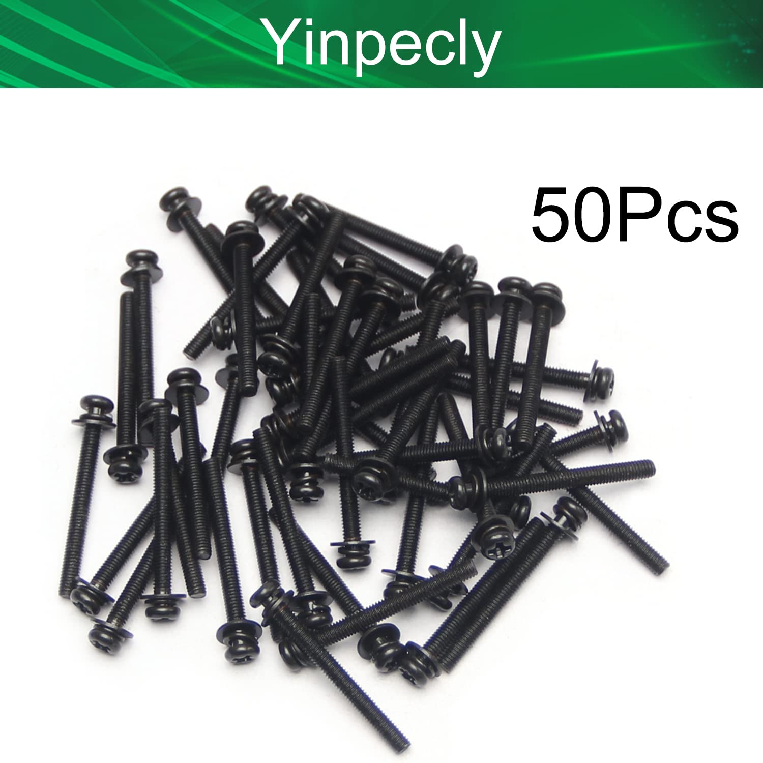 50pcs M3 x 30mm Black Carbon Steel Phillips Pan Head Screws with Washers - for Machinery & DIY Projects