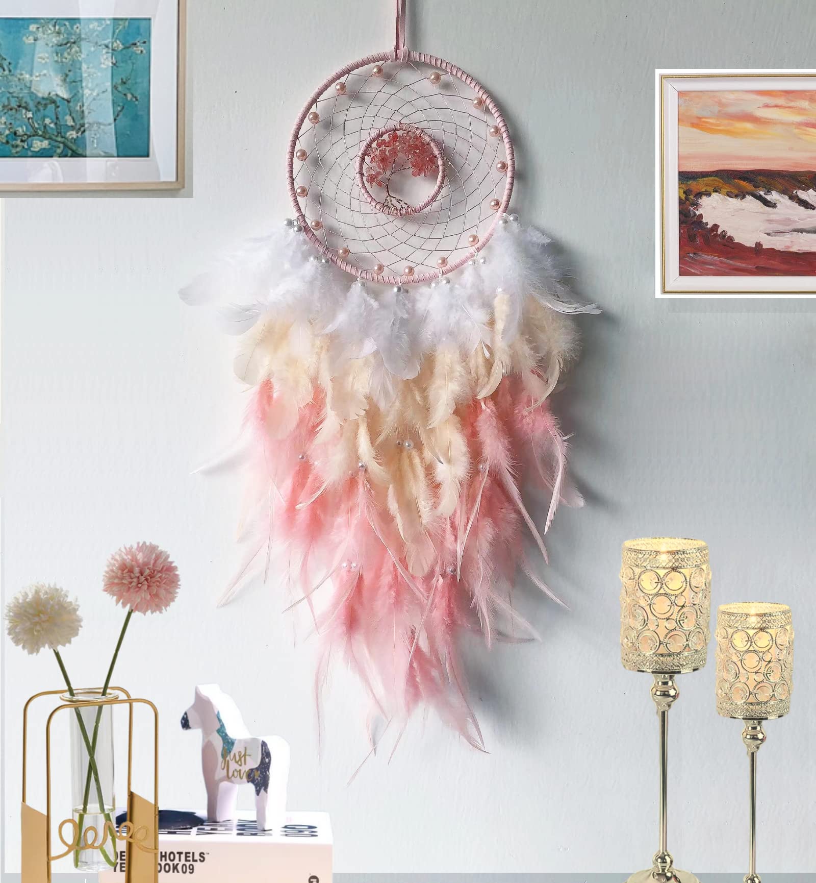 Pink Tree of Life Crystal Dream Catcher - Handmade Boho Wall Hanging for Girls & Boys Room Decor | Spiritual Protection & Positive Energy | Perfect for Bedroom, Nursery, Dorm & Meditation Space
