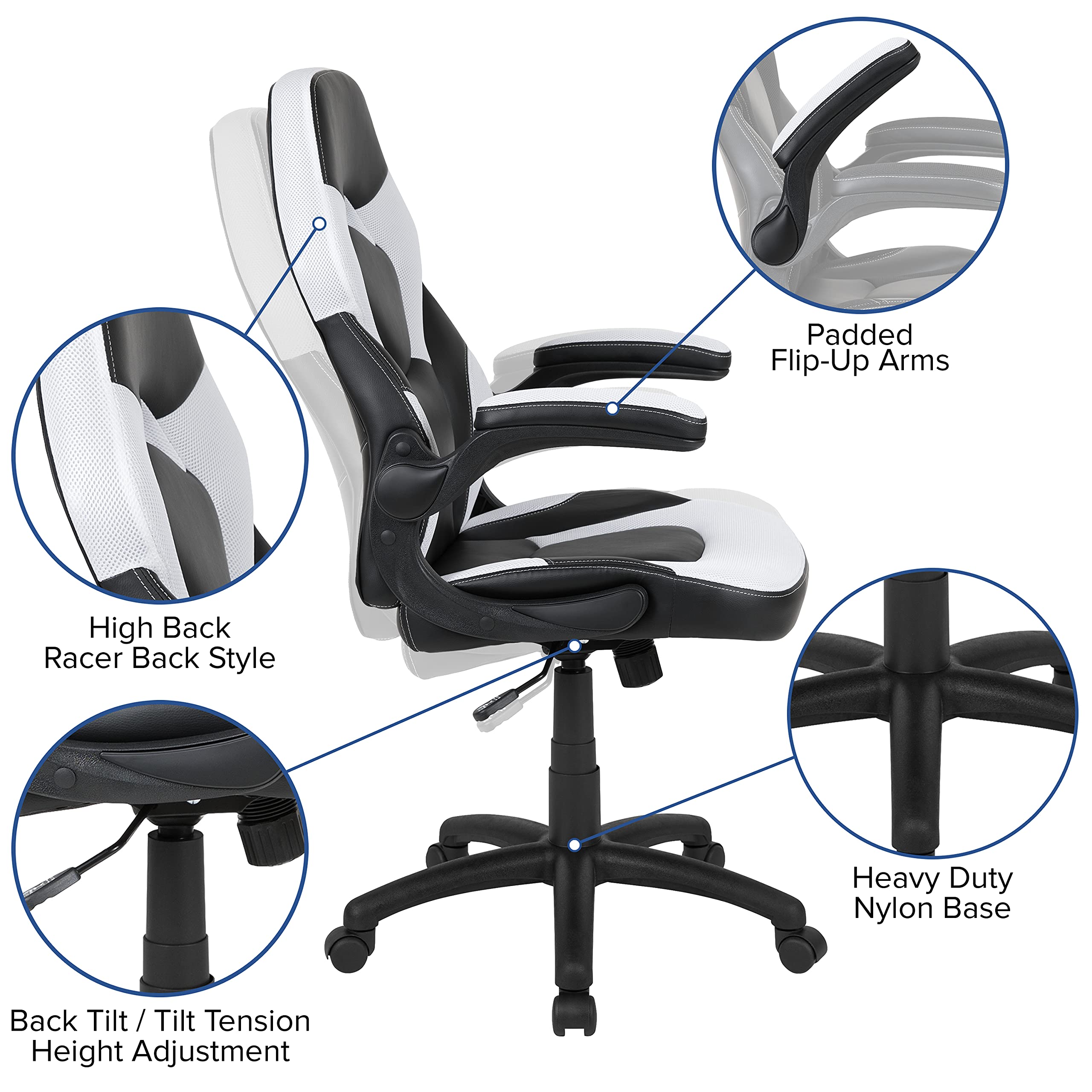 Flash Furniture Optis Black Gaming Desk and White/Black Racing Chair Set with Cup Holder, Headphone Hook & Wire Management - Ergonomic Computer Workstation for Home Office, Streaming & Esports Gaming Setup
