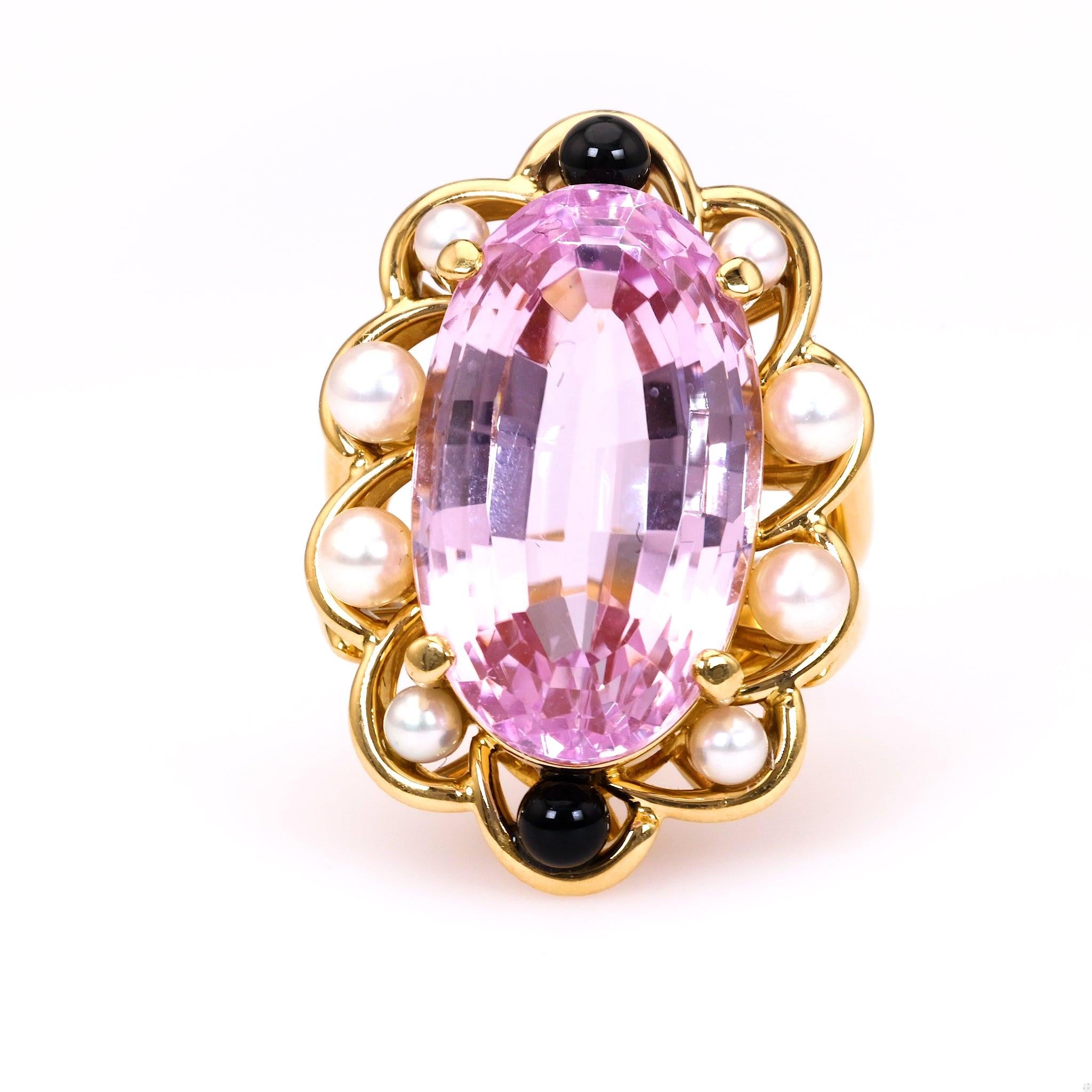 Vintage Kunzite Pearl Onyx 18k Yellow Gold Cocktail Ring for Women - Elegant Statement Jewelry for Parties, Weddings & Special Occasions